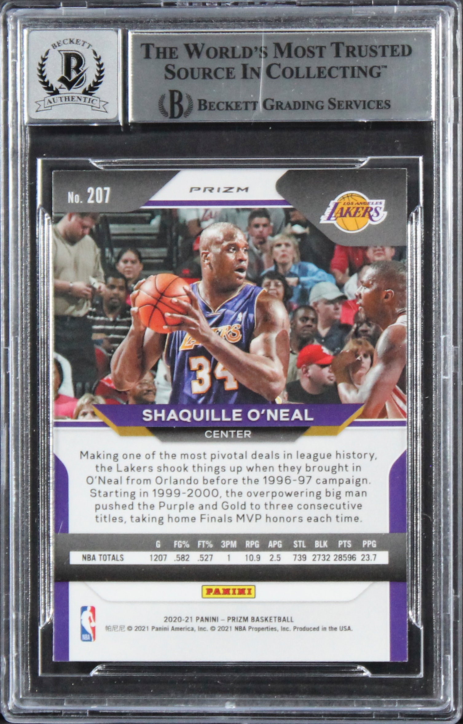 Lakers Shaquille O'Neal Signed 2020 Panini Prizm RI #207 Card Auto 10! BAS Slab