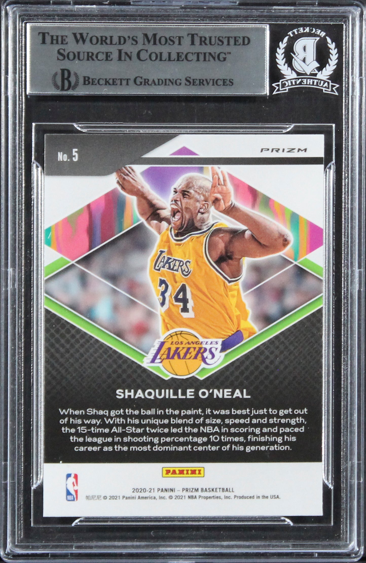 Lakers Shaquille O'Neal Signed 2020 Panini Prizm Silver #5 Card BAS Slabbed