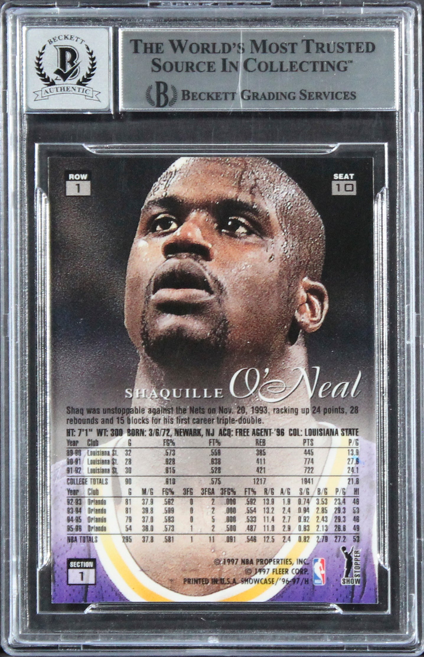 Lakers Shaquille O'Neal Signed 1996 Flair Showcase #10 Card Auto 10! BAS Slabbed