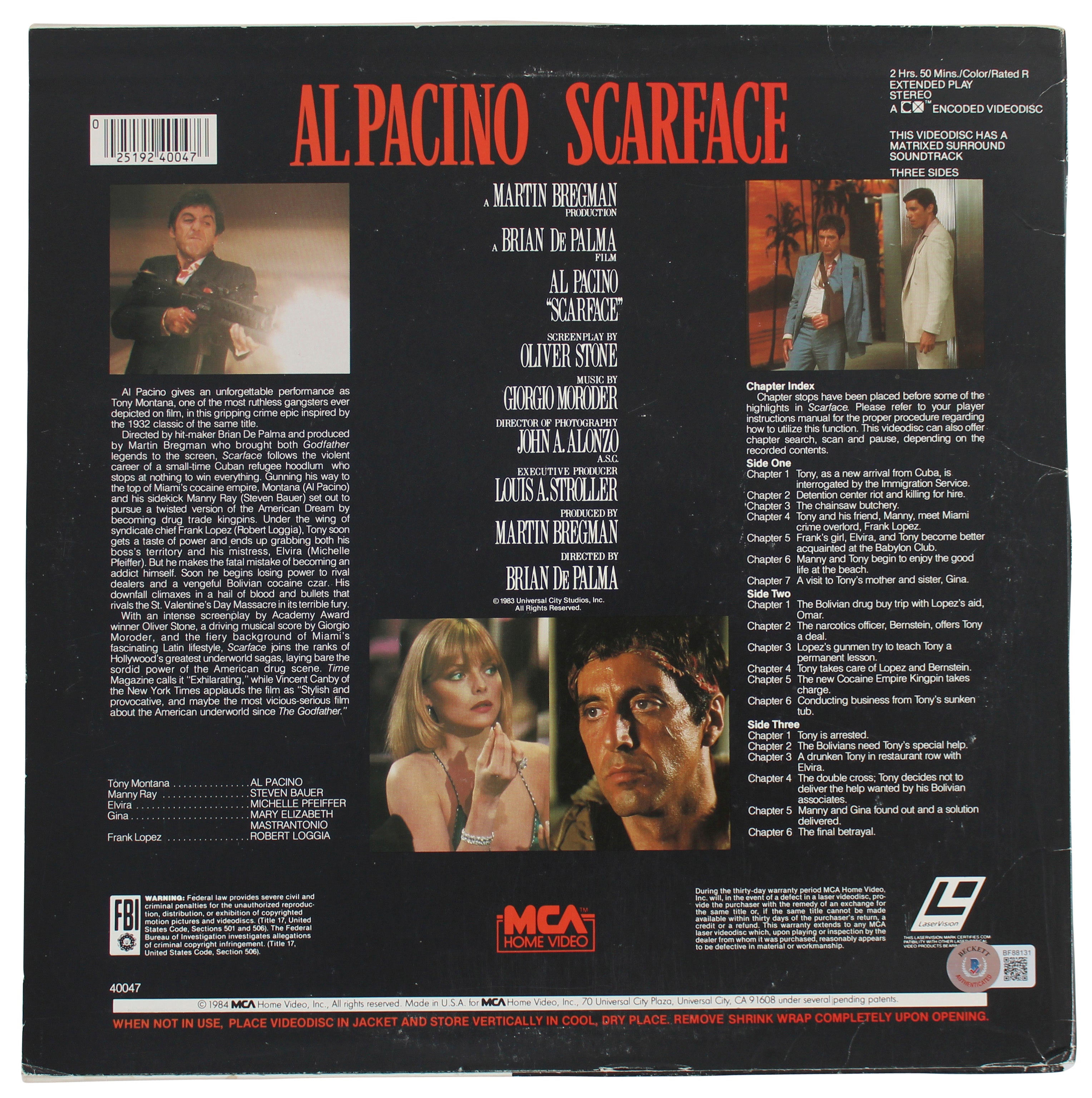 Al Pacino Authentic Signed Scarface Laserdisc Cover Autographed BAS #BF88131