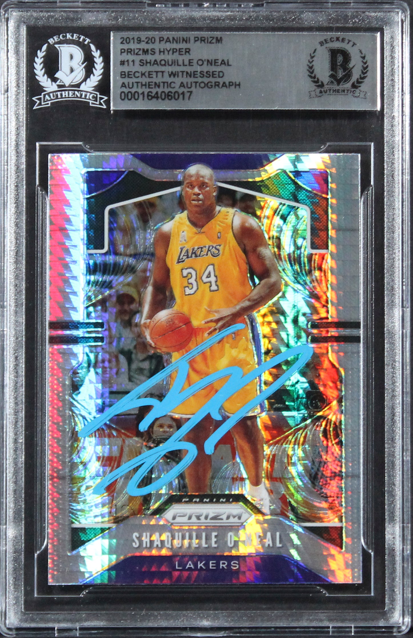 Lakers Shaquille O'Neal Signed 2019 Panini Prizm Hyper #11 Card BAS Slabbed