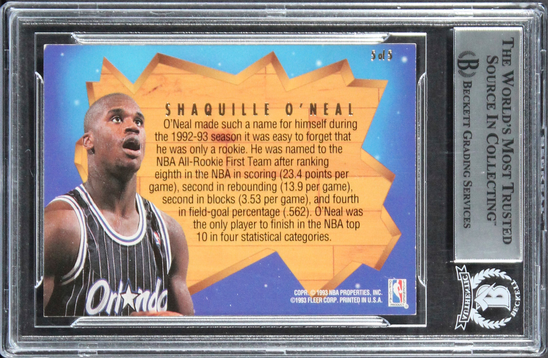 Magic Shaquille O'Neal Signed 1993 Ultra All-Rookie Team #5 Card BAS Slabbed