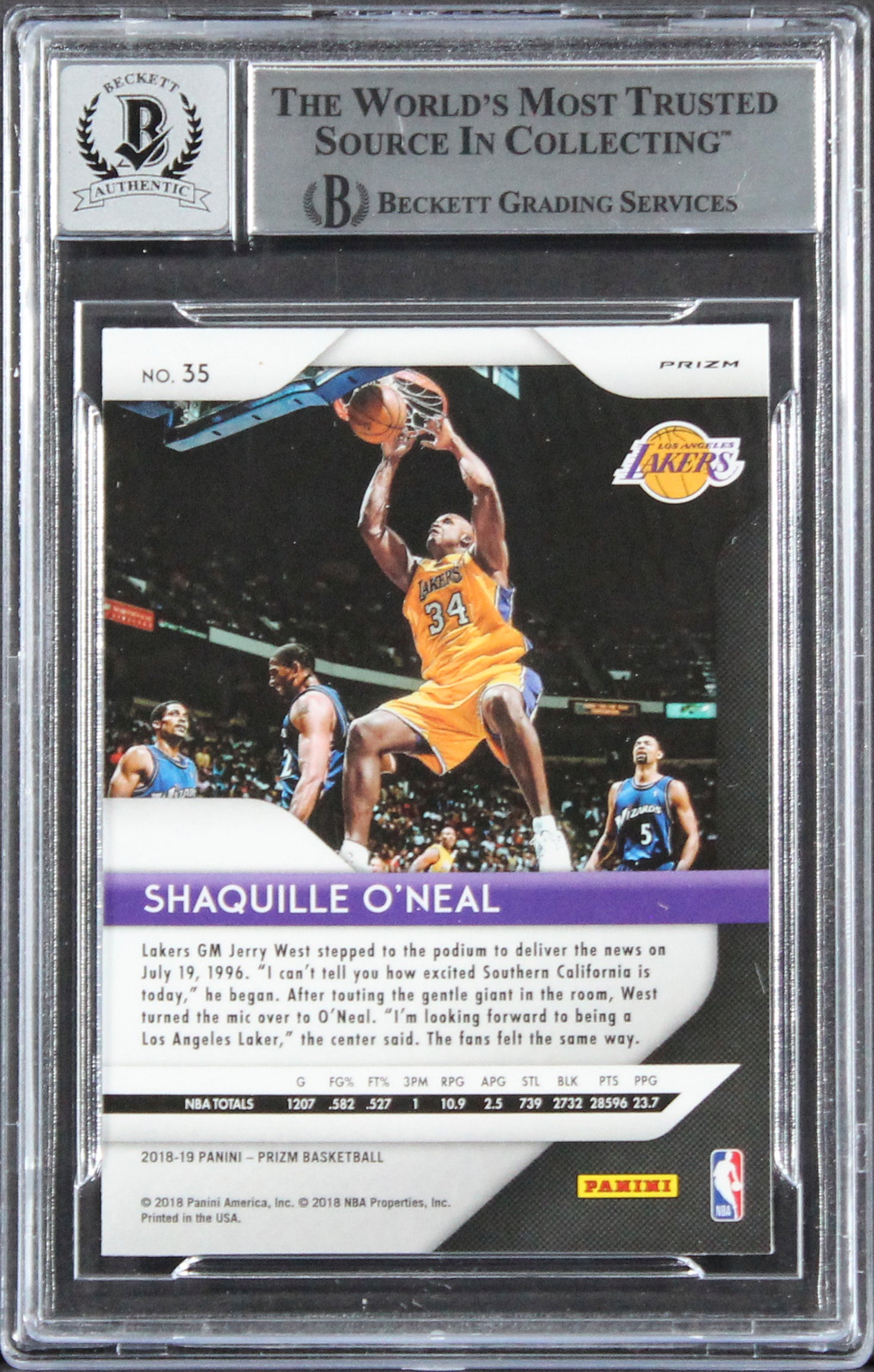 Lakers Shaquille O'Neal Signed 2018 Panini Prizm PI #35 Card Auto 10! BAS Slab