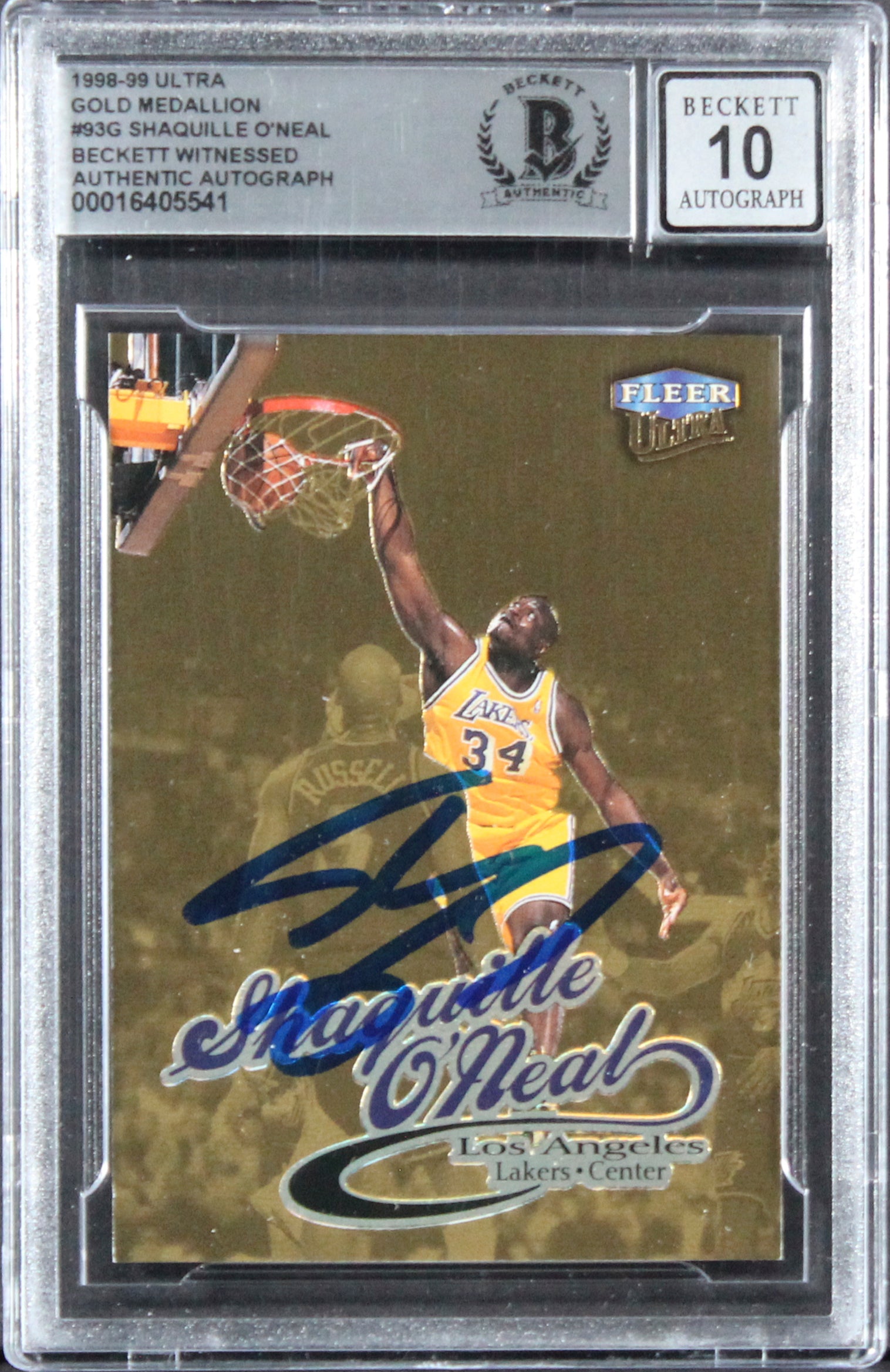 Lakers Shaquille O'Neal Signed 1998 Ultra GM #93G Card Auto 10! BAS Slabbed