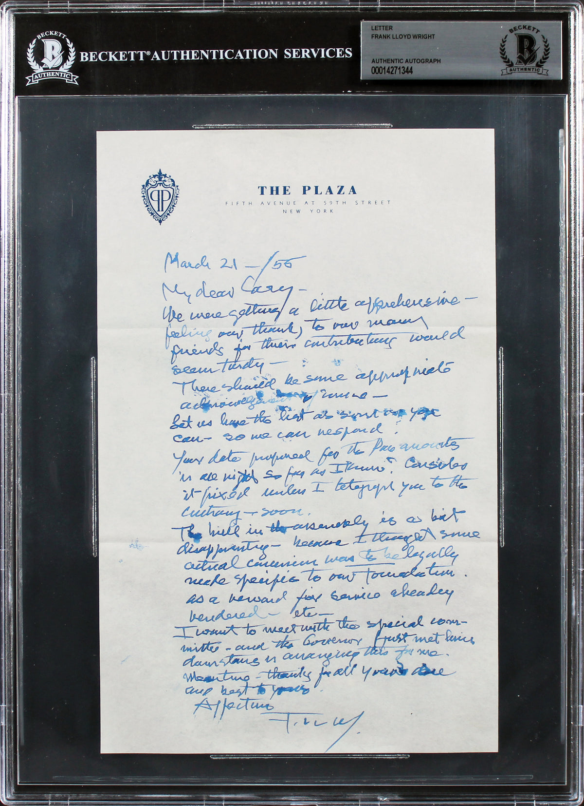 Frank Lloyd Wright Authentic Signed 6x9.25 1955 Handwritten Letter BAS Slabbed