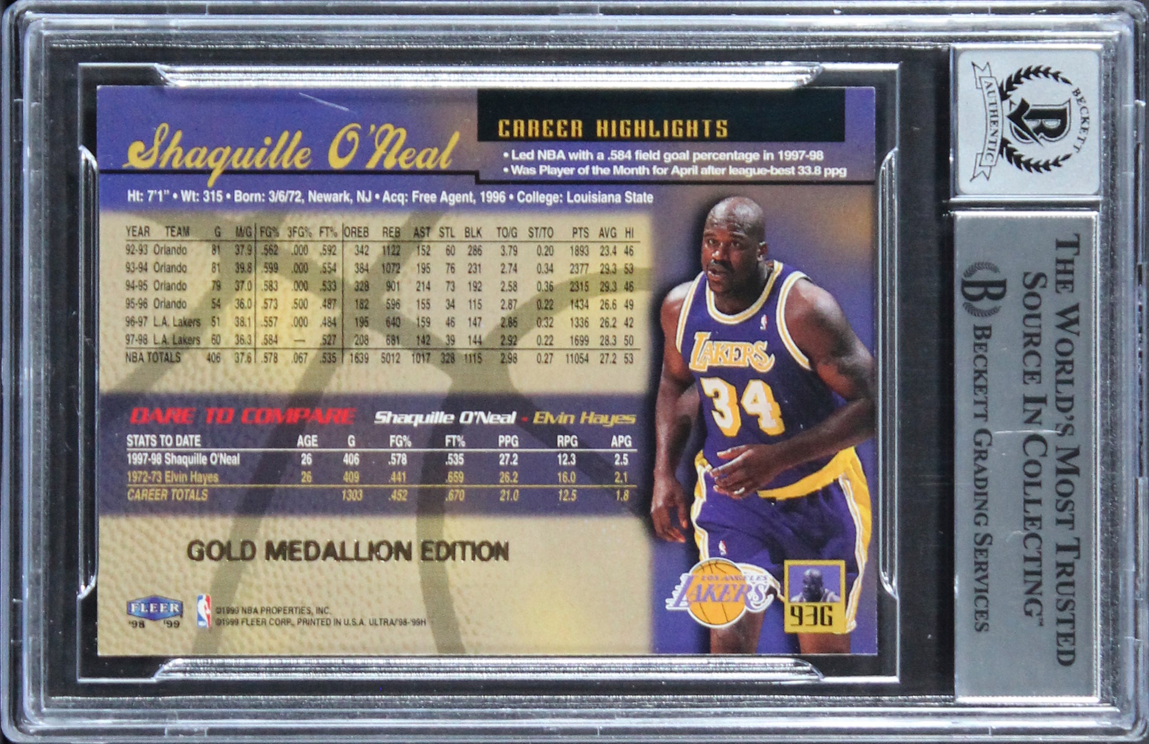 Lakers Shaquille O'Neal Signed 1998 Ultra GM #93G Card Auto 10! BAS Slabbed