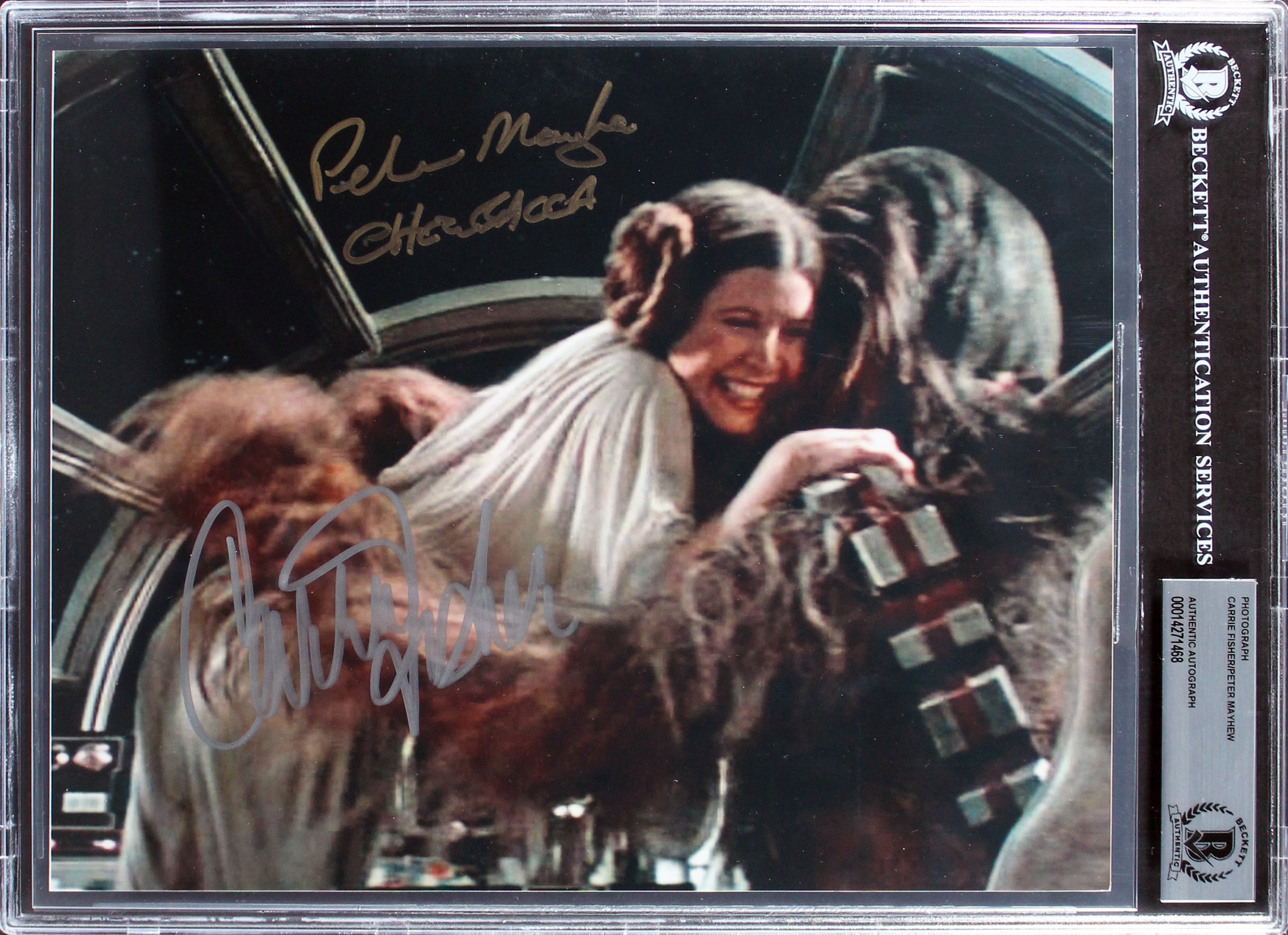 Carrie Fisher & Peter Mayhew Star Wars Authentic Signed 8x10 Photo BAS Slabbed