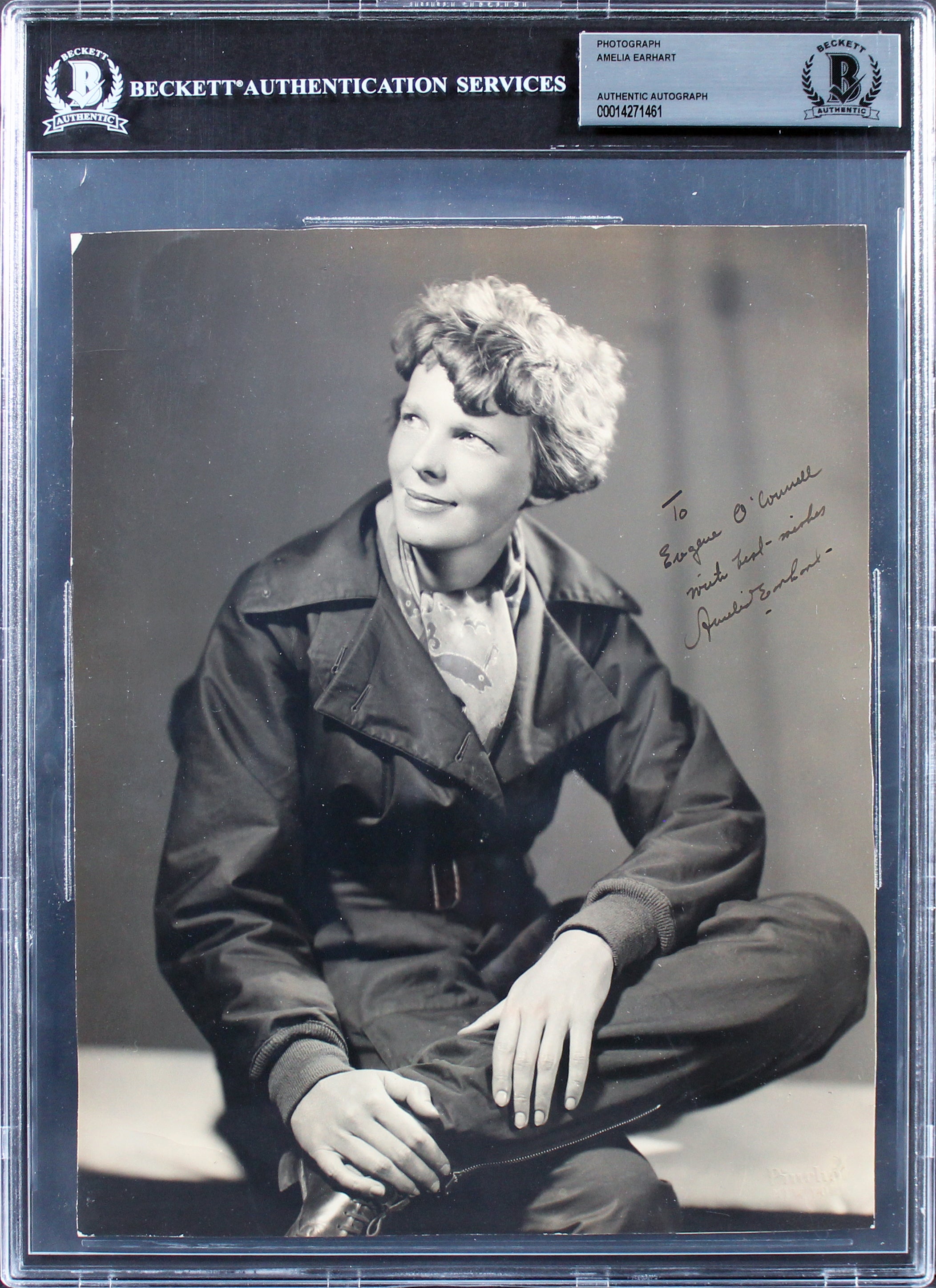 Amelia Earhart "With Best Wishes" Authentic Signed 8x10 B&W Photo BAS Slabbed