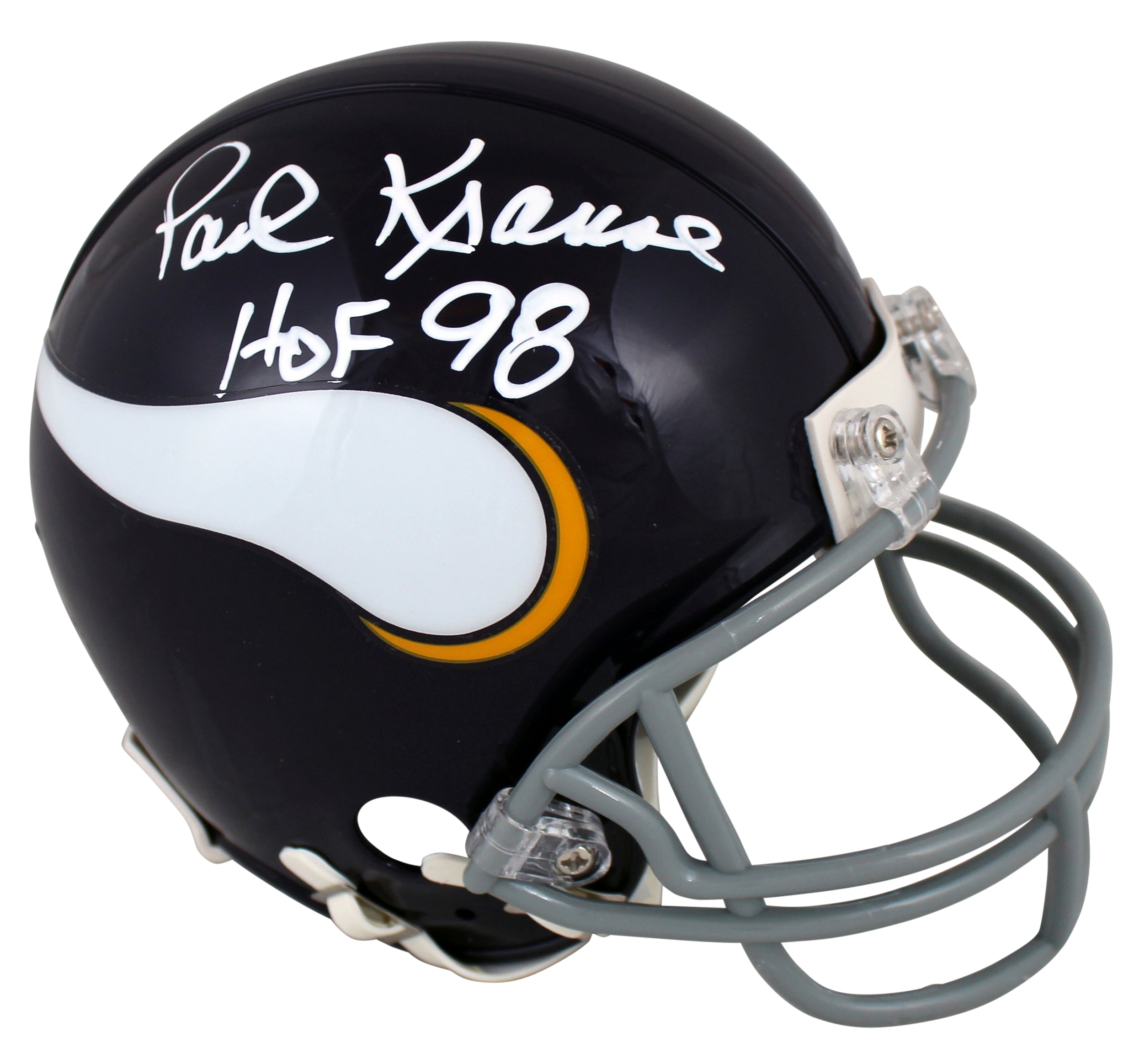Vikings Paul Krause "HOF 98" Signed 1961-79 Throwback Rep Mini Helmet BAS Wit