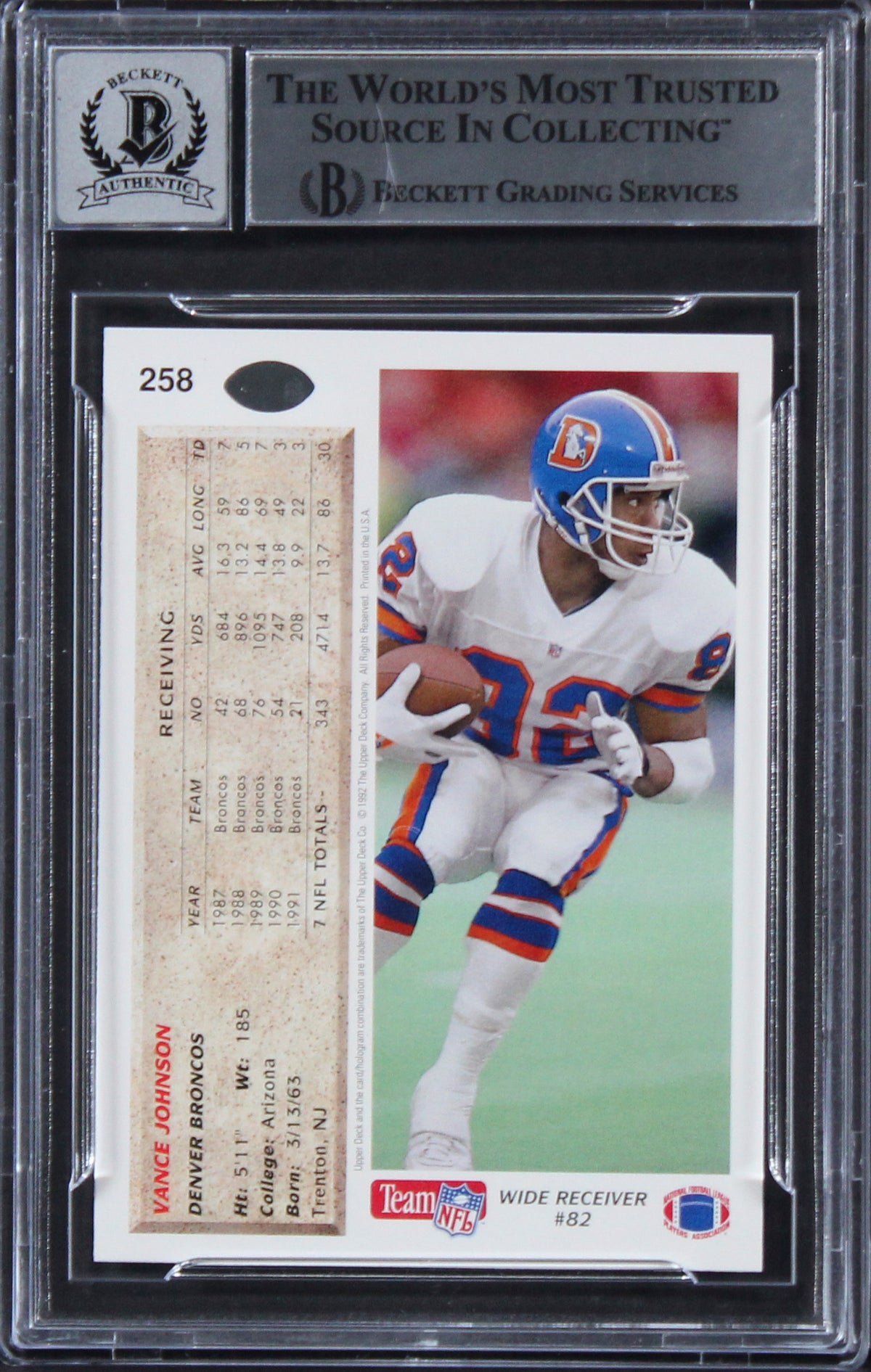 Broncos Vance Johnson Signed 1992 Upper Deck #258 Card Auto 10! BAS Slabbed