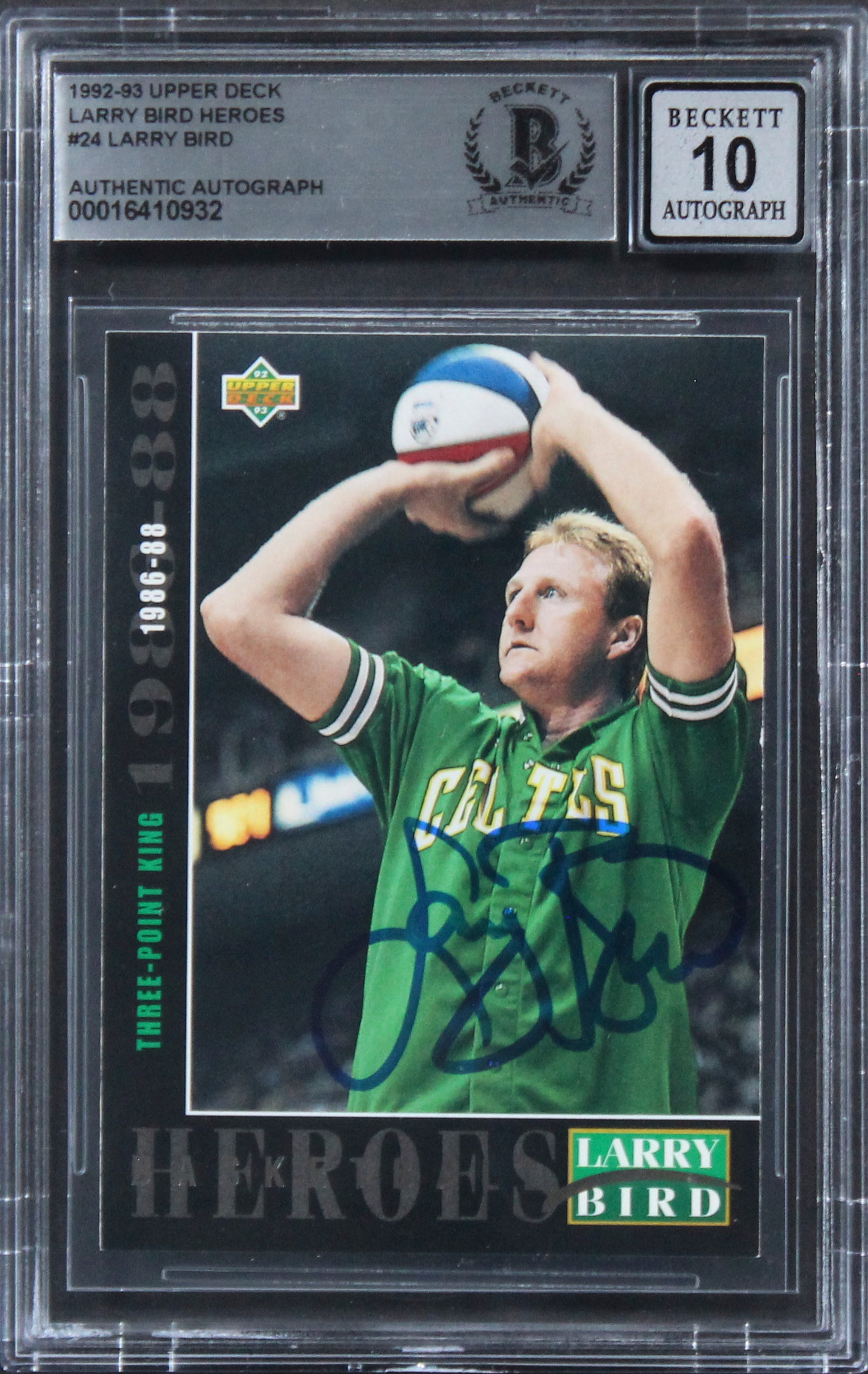 Celtics Larry Bird Signed 1992 Upper Deck Heroes #24 Card Auto 10! BAS Slabbed