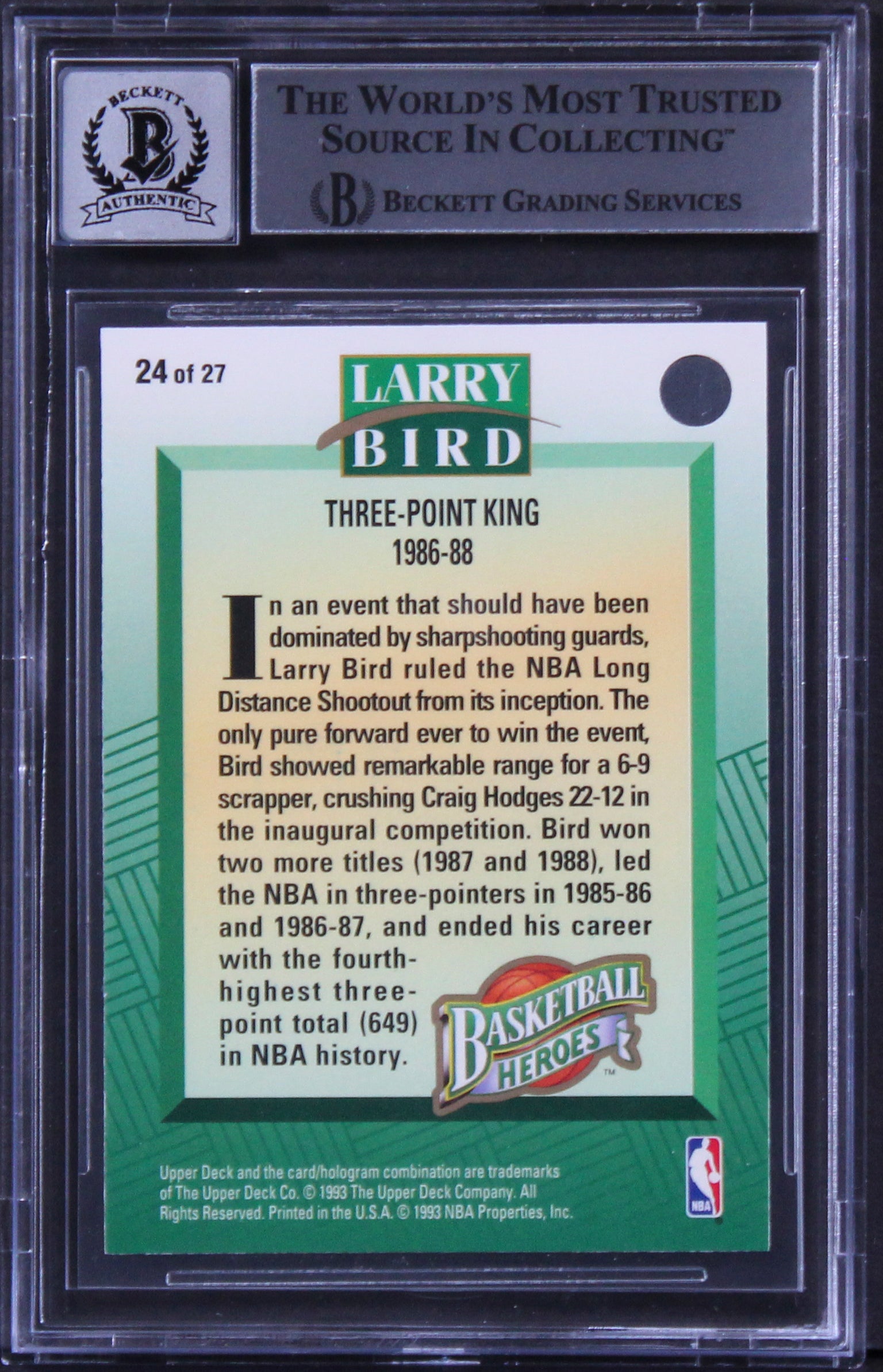 Celtics Larry Bird Signed 1992 Upper Deck Heroes #24 Card Auto 10! BAS Slabbed