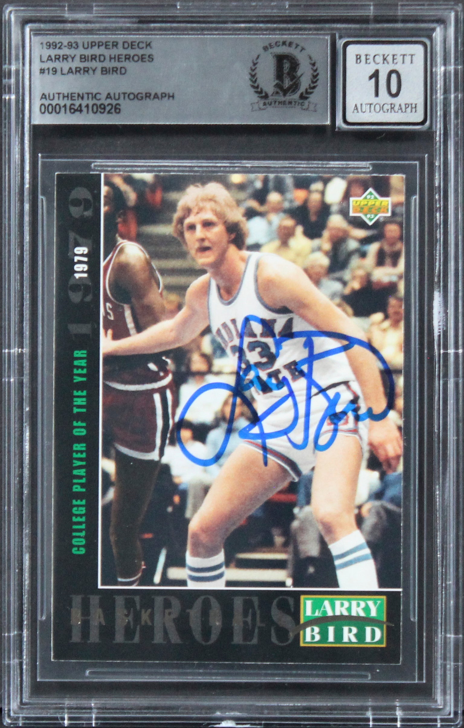 Celtics Larry Bird Signed 1992 Upper Deck Heroes #19 Card Auto 10! BAS Slabbed