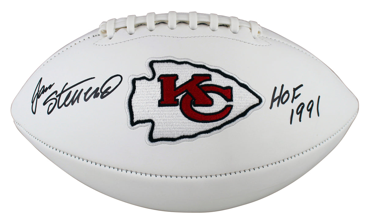 Chiefs Jan Stenerud "HOF 91" Signed White Panel Logo Football BAS Witnessed