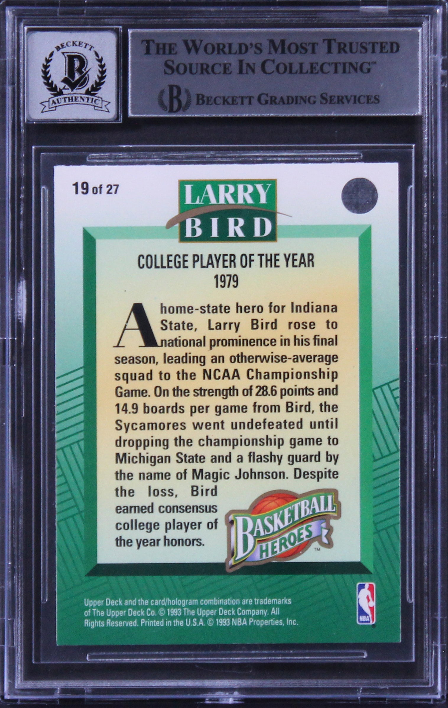 Celtics Larry Bird Signed 1992 Upper Deck Heroes #19 Card Auto 10! BAS Slabbed
