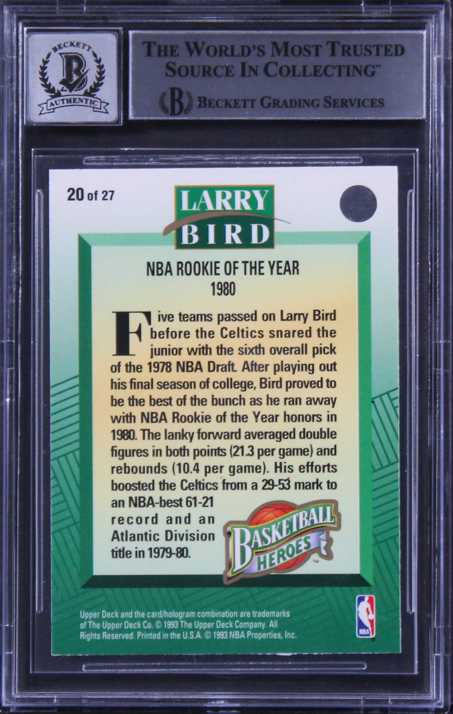 Celtics Larry Bird Signed 1992 Upper Deck Heroes #20 Card Auto 10! BAS Slabbed