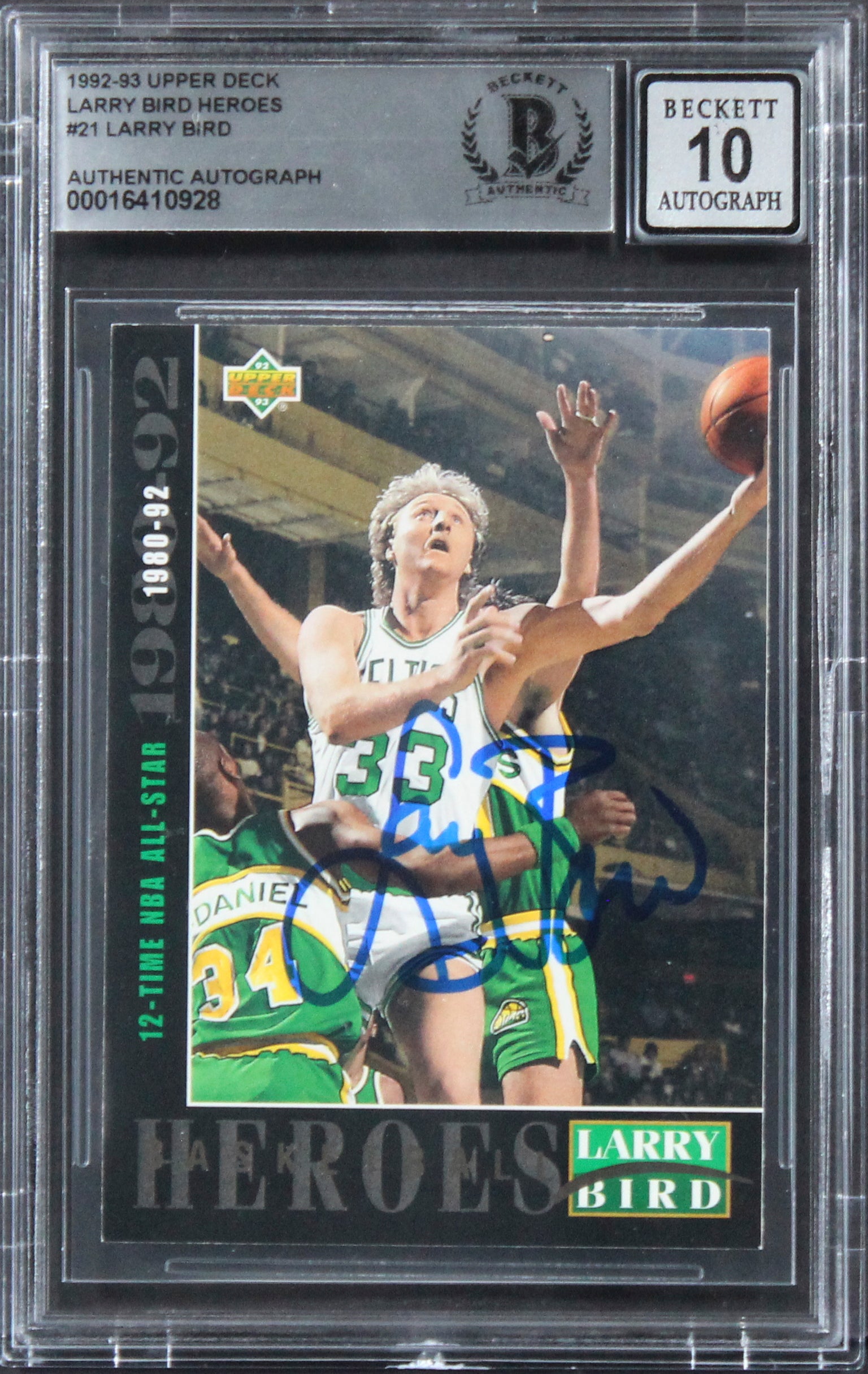 Celtics Larry Bird Signed 1992 Upper Deck Heroes #21 Card Auto 10! BAS Slabbed