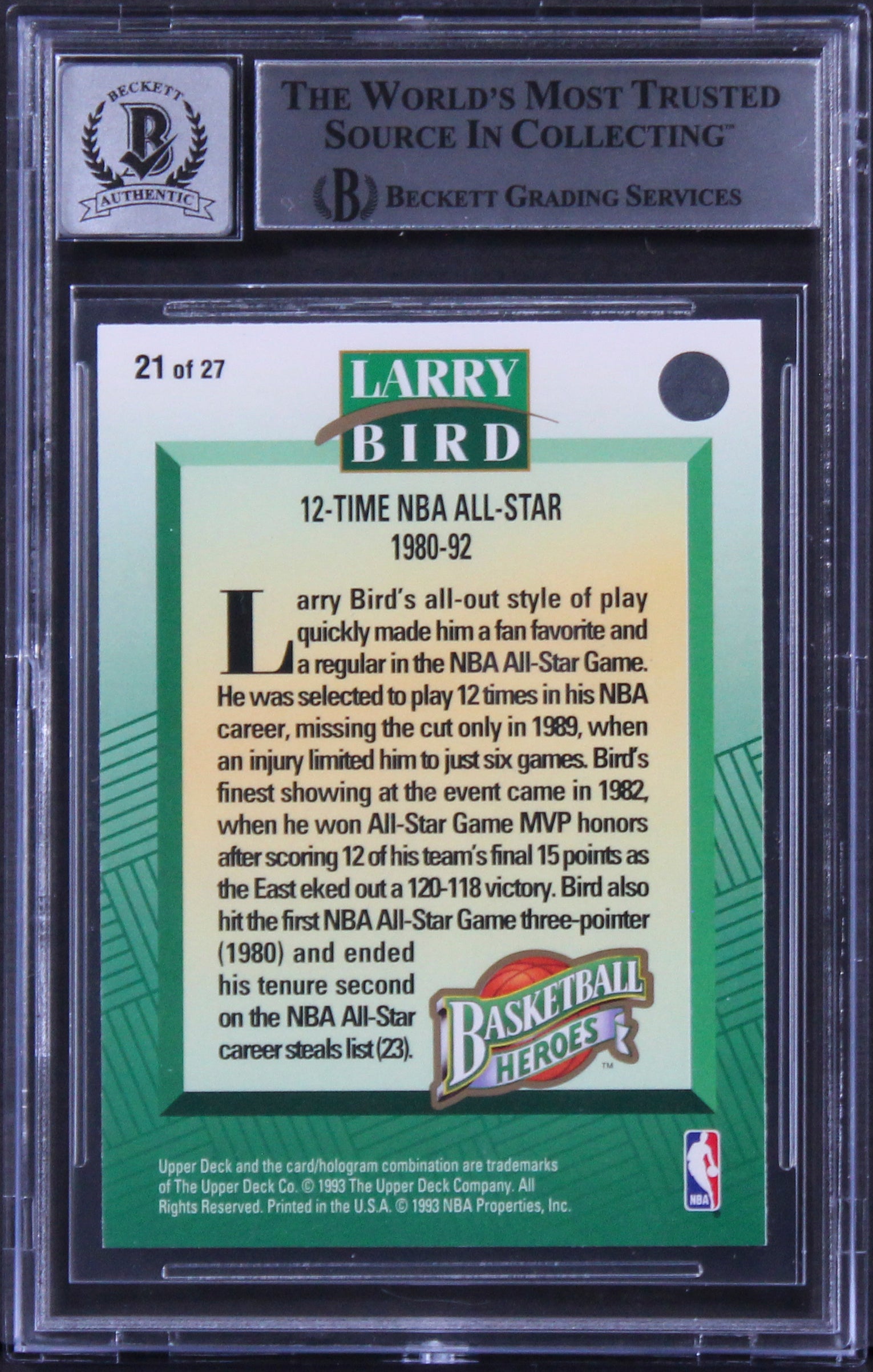 Celtics Larry Bird Signed 1992 Upper Deck Heroes #21 Card Auto 10! BAS Slabbed