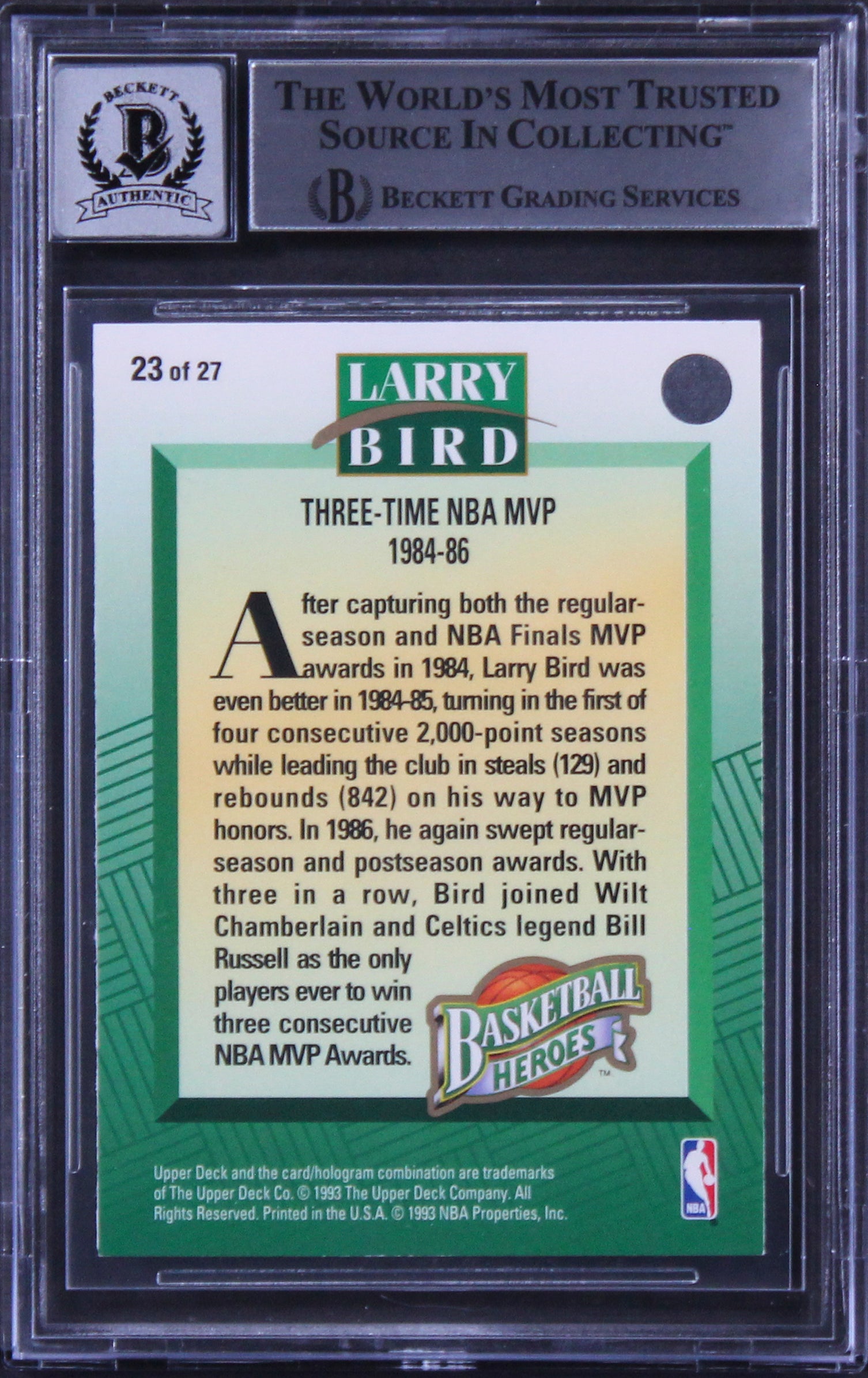 Celtics Larry Bird Signed 1992 Upper Deck Heroes #23 Card Auto 10! BAS Slabbed