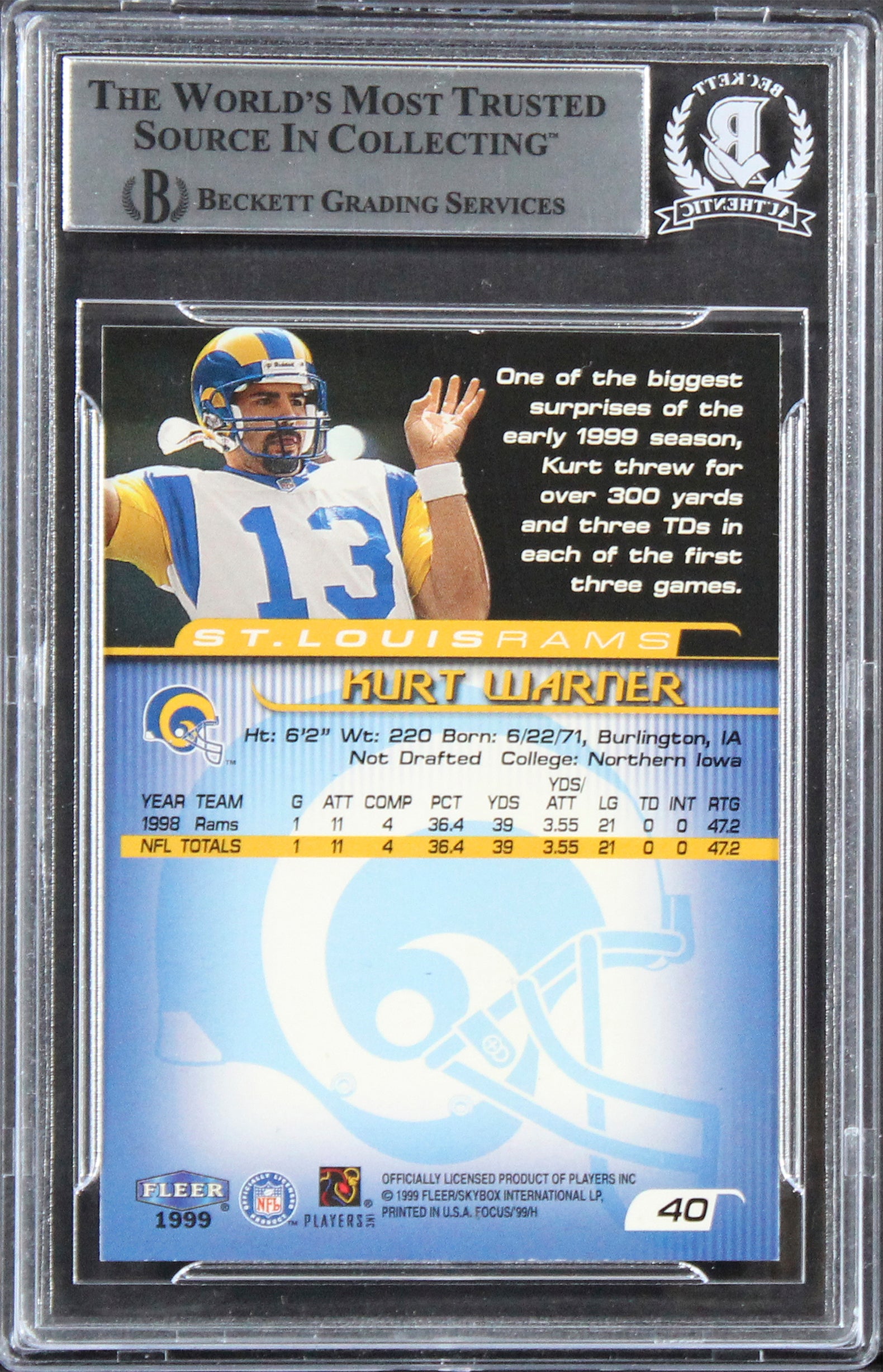 Rams Kurt Warner Authentic Signed 1999 Fleer Focus #40 Card BAS Slabbed