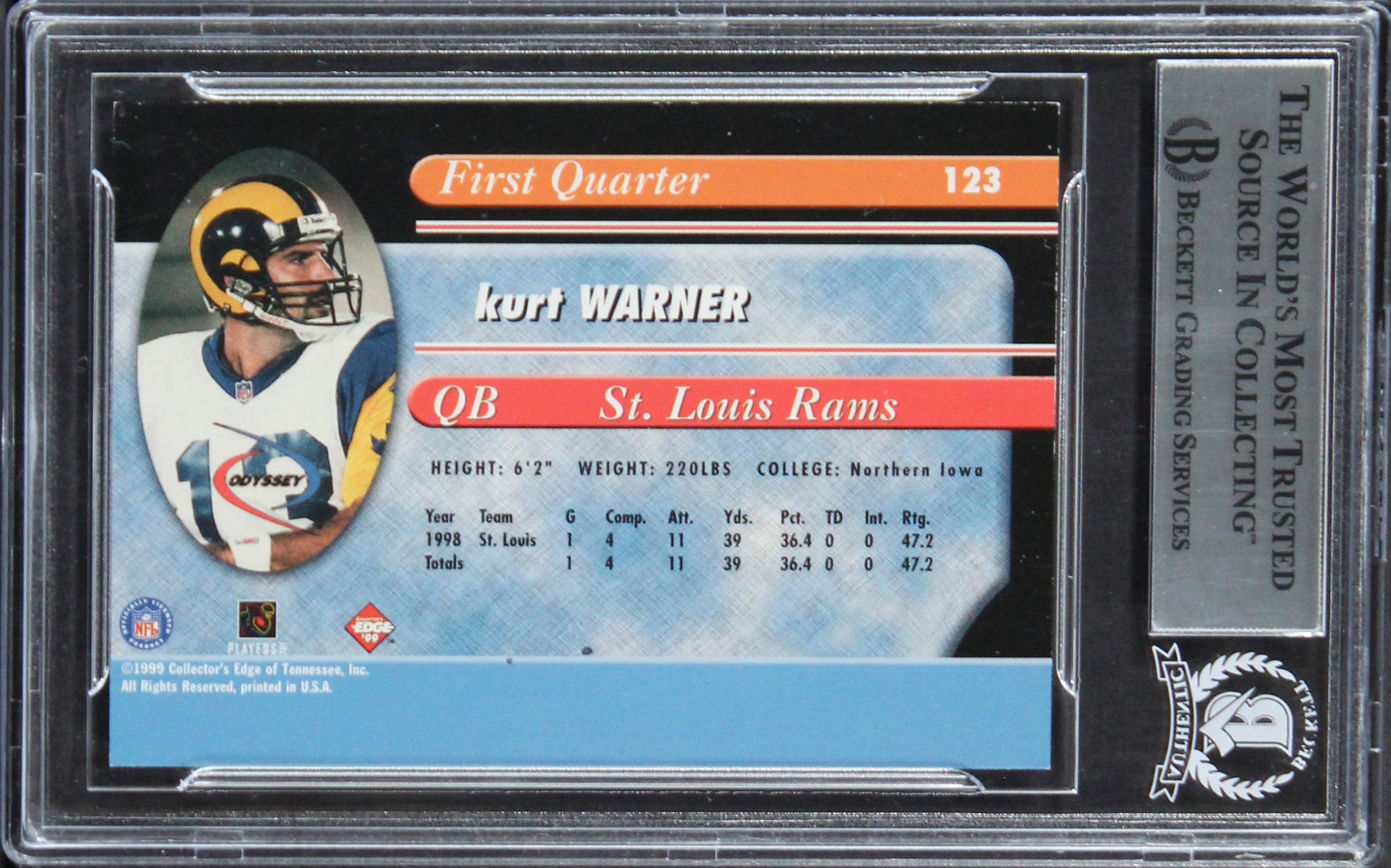 Rams Kurt Warner Signed 1999 Collector's Edge Odyssey #123 Card BAS Slab 2