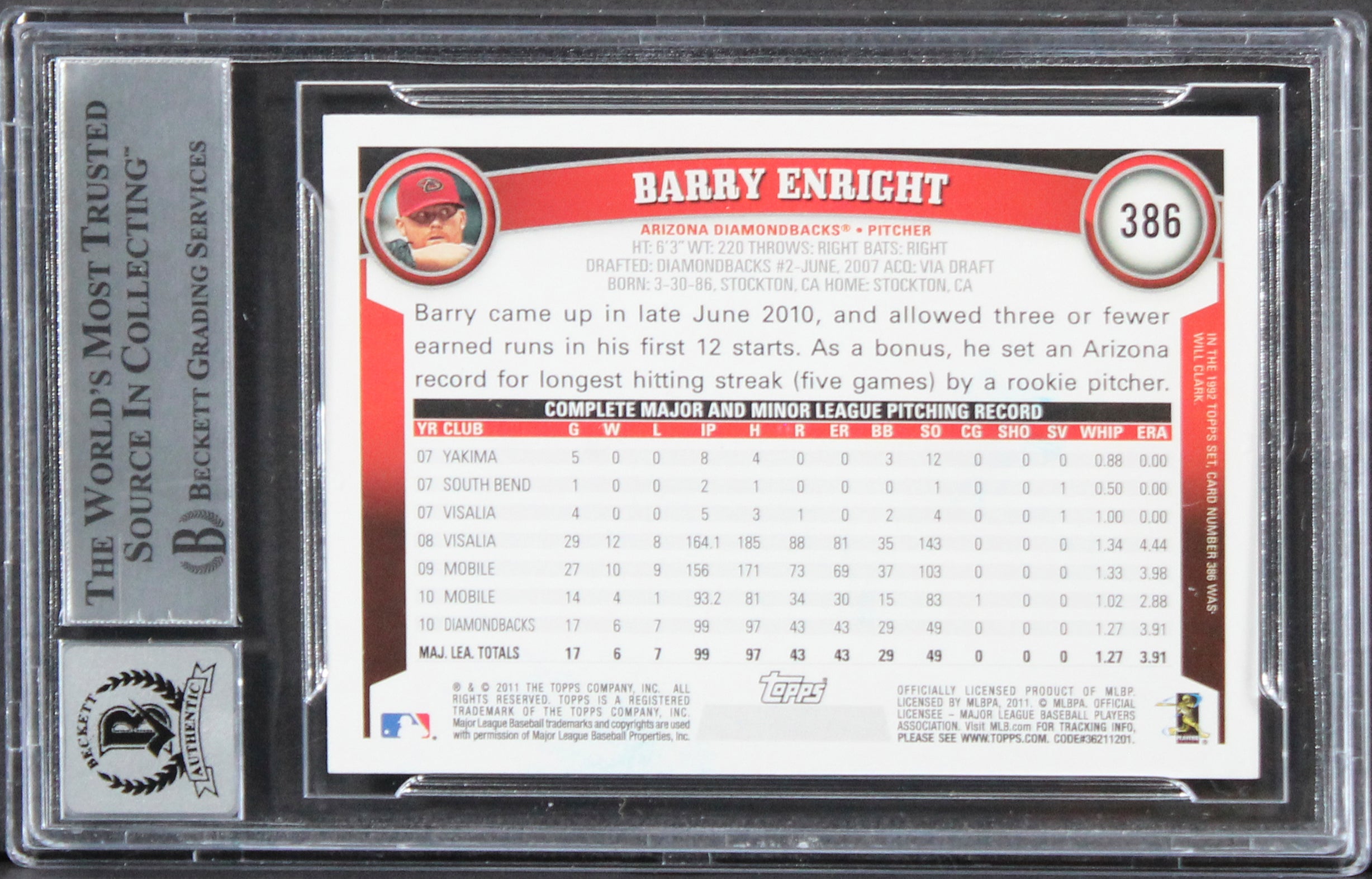 D-Backs Barry Enright Authentic Signed 2011 Topps #386 Card Auto 10! BAS Slabbed