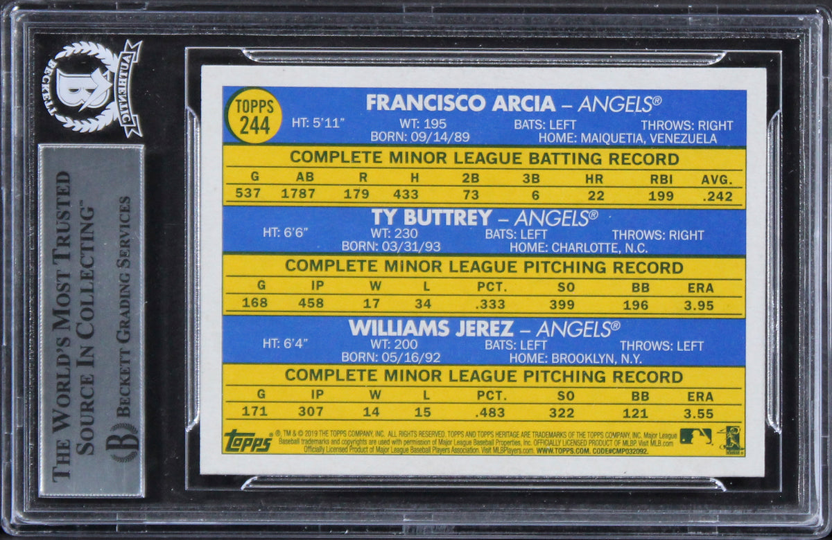 Angels (3) Arcia, Buttrey & Jerez Signed 2019 Topps Heritage #244 Card BAS Slab
