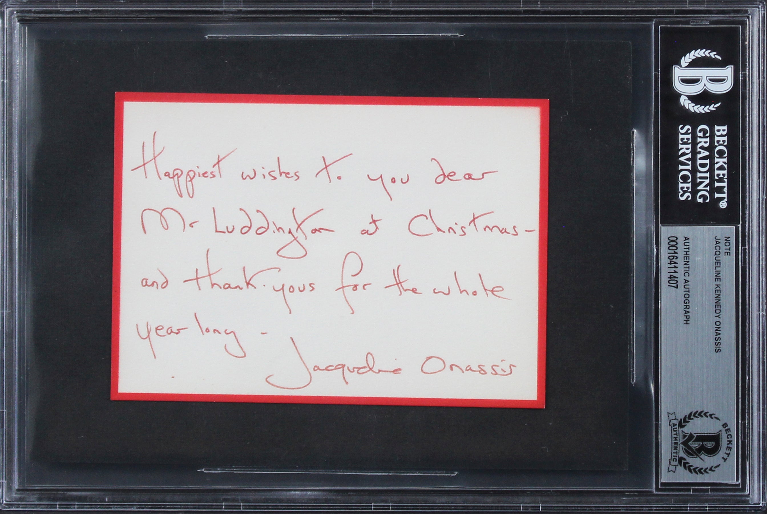 Jacqueline Kennedy Onassis Signed 3.65x5.15 Handwritten Christmas Note BAS Slab