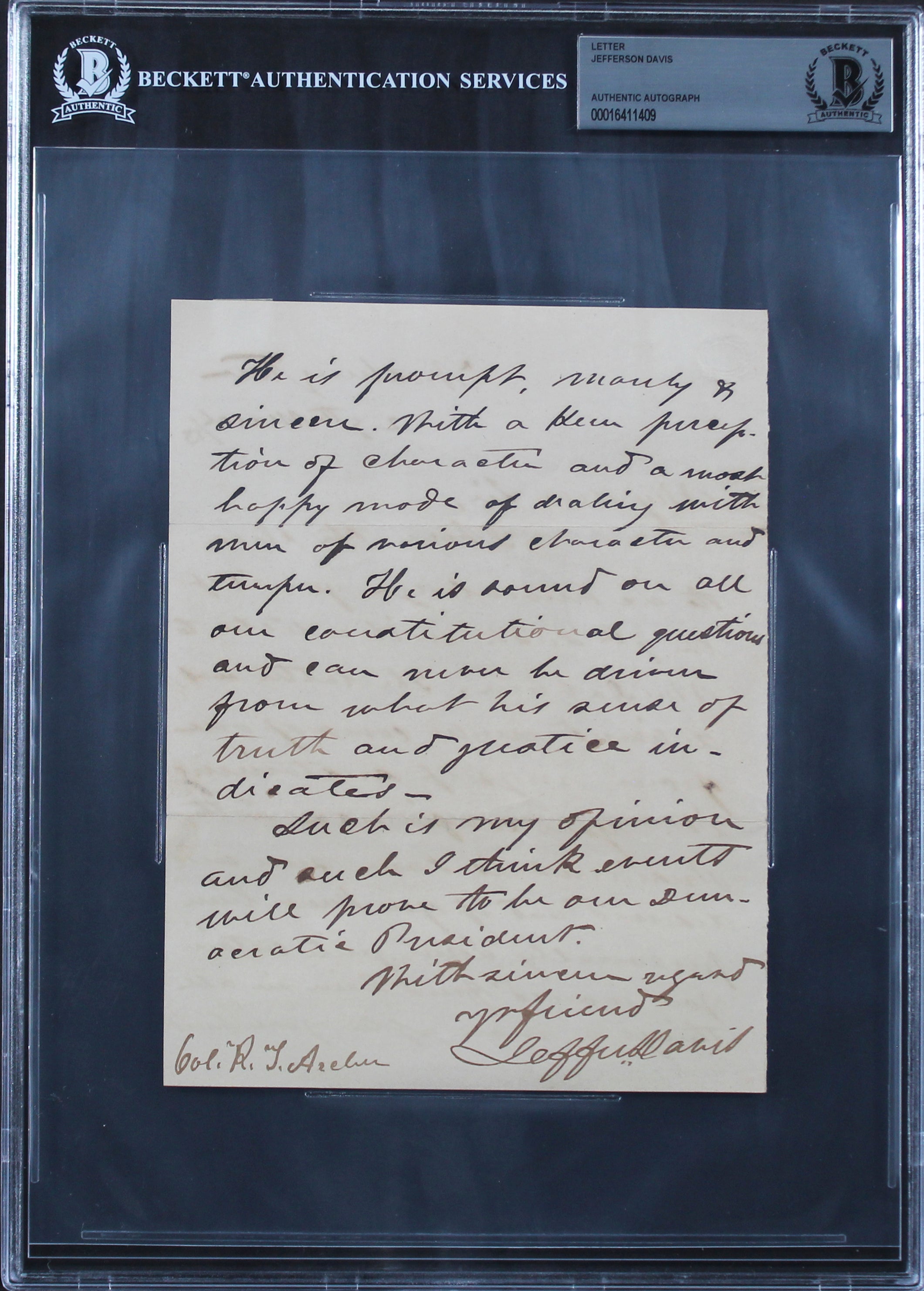 Jefferson Davis Authentic Signed 5.75x7.25 1853 Handwritten Letter BAS Slabbed