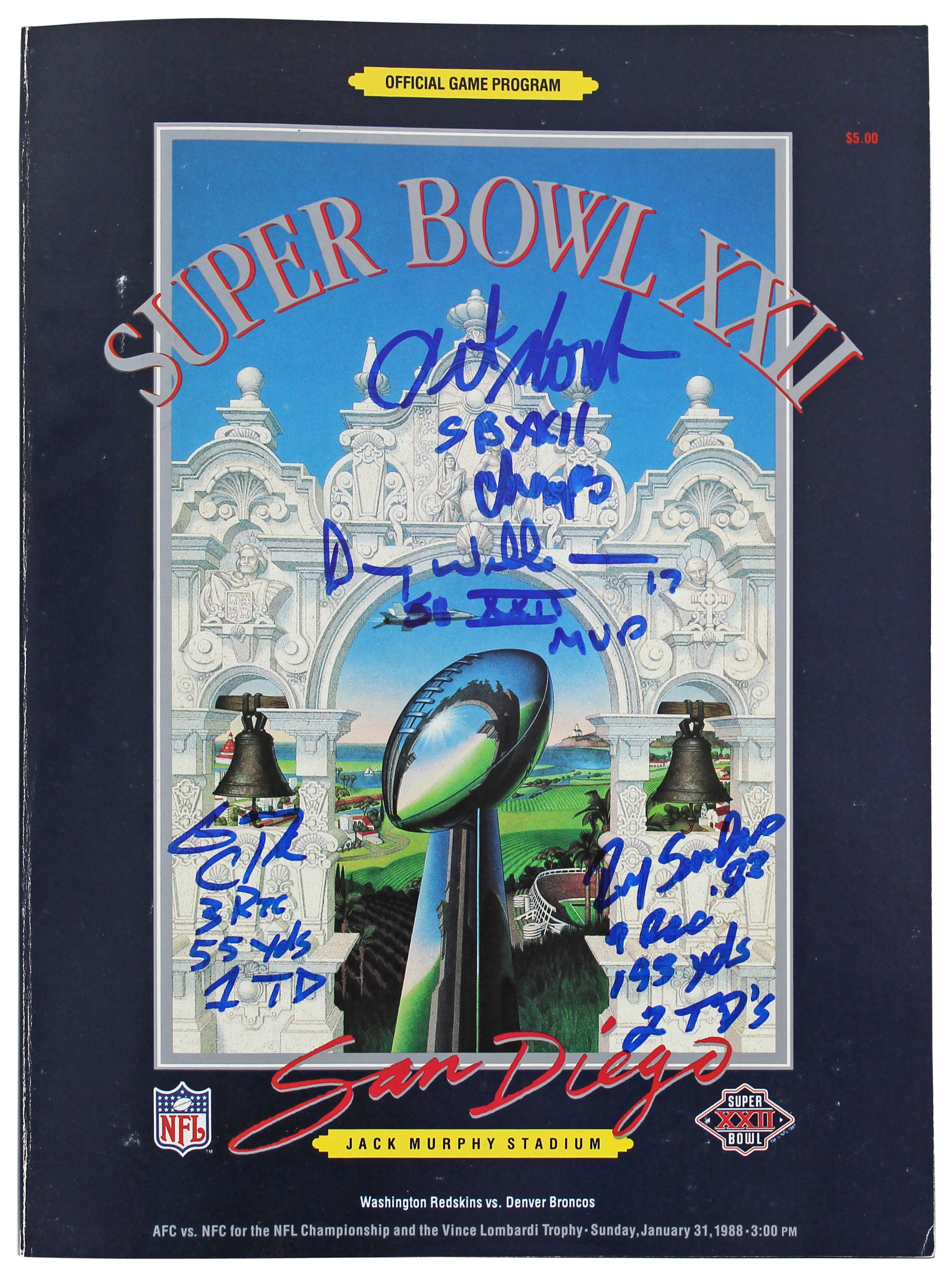 (4) Williams, Monk, Clark & Sanders Signed Official SB XXII Program BAS Witness