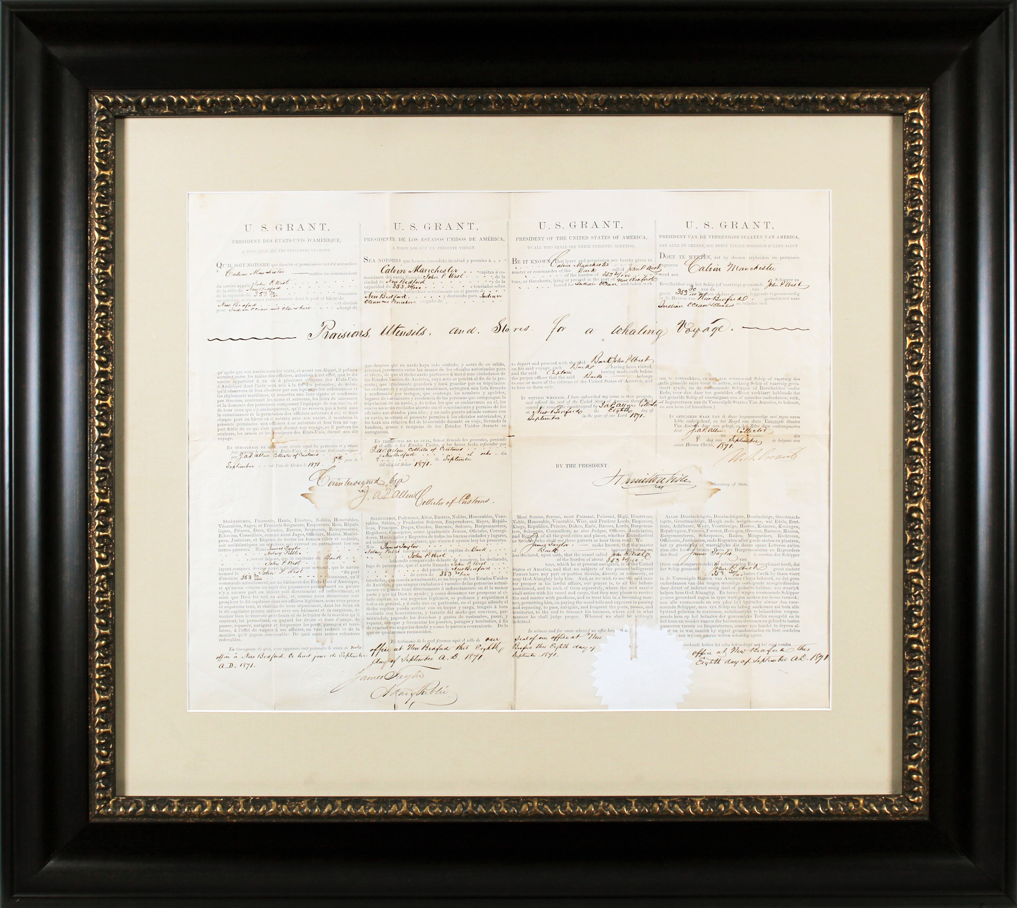 Ulysses S. Grant Signed & Framed 16x20 4 Language Ship's Passport BAS #AC26907