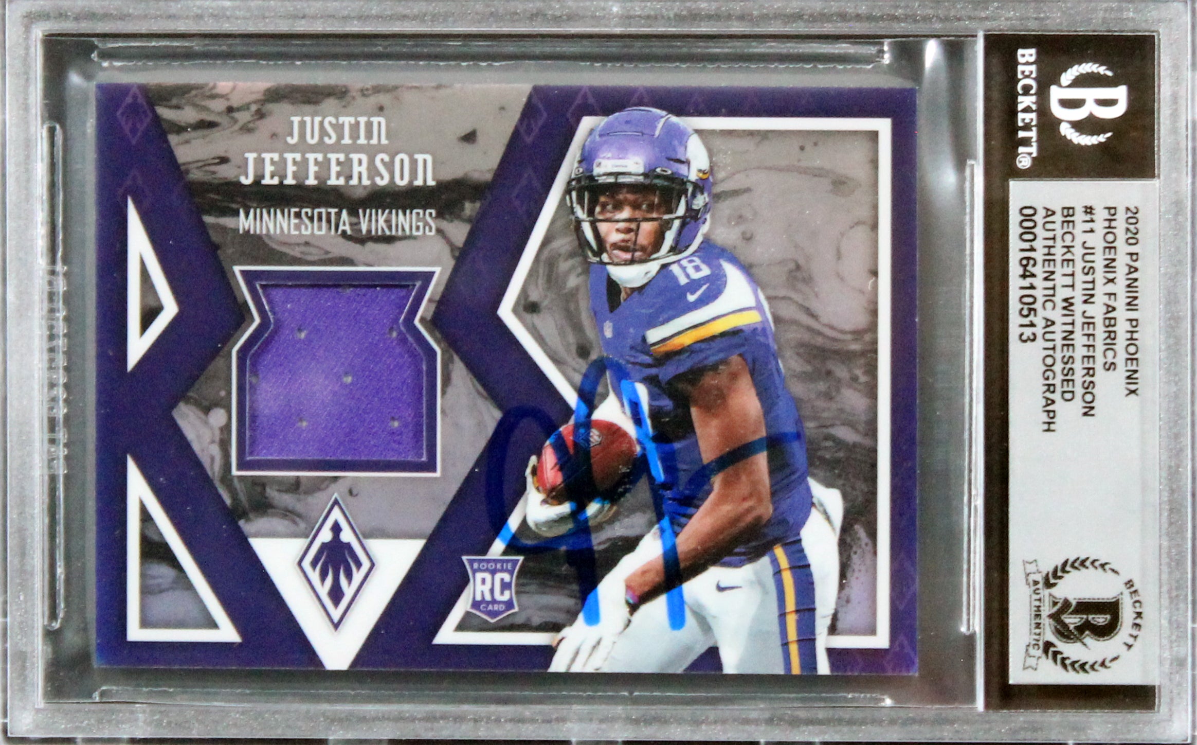 Justin Jefferson Signed 2020 Panini Phoenix Fabrics #11 RC Card Auto 10 BAS Slab