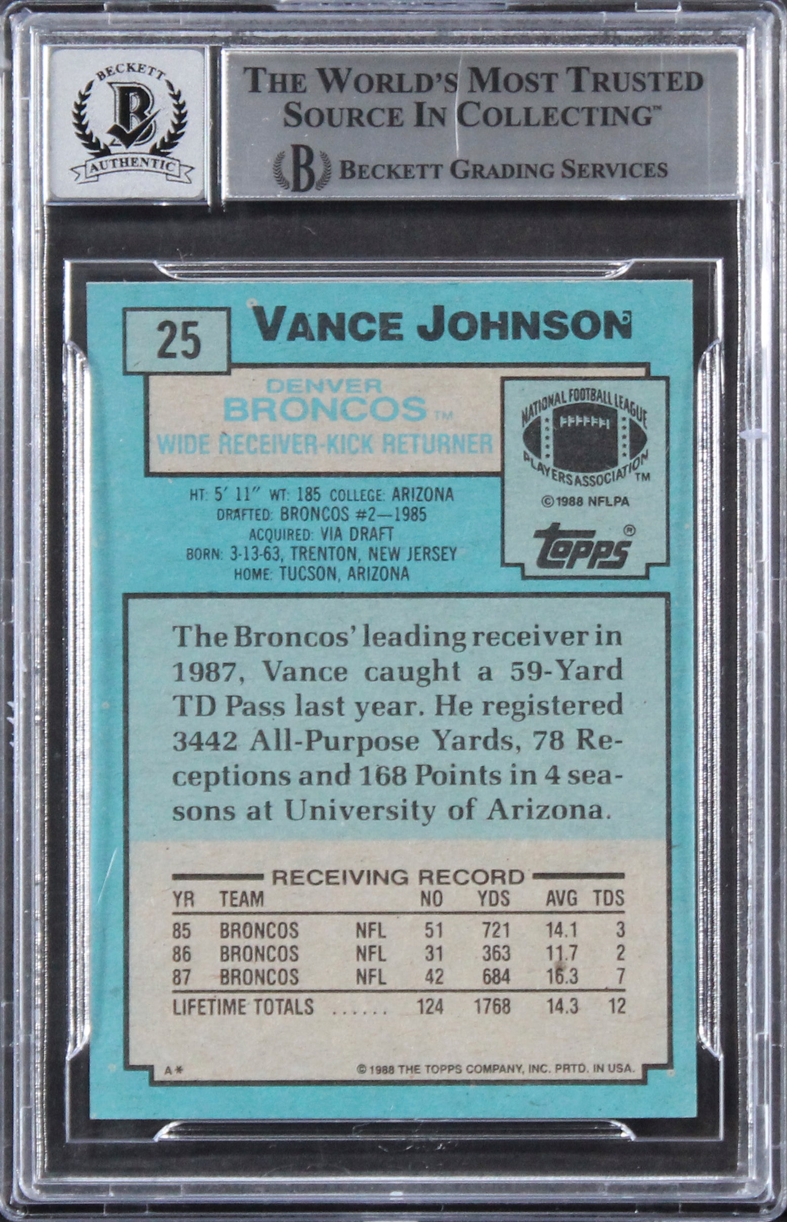 Broncos Vance Johnson Authentic Signed 1988 Topps #25 Card Auto 10! BAS Slabbed