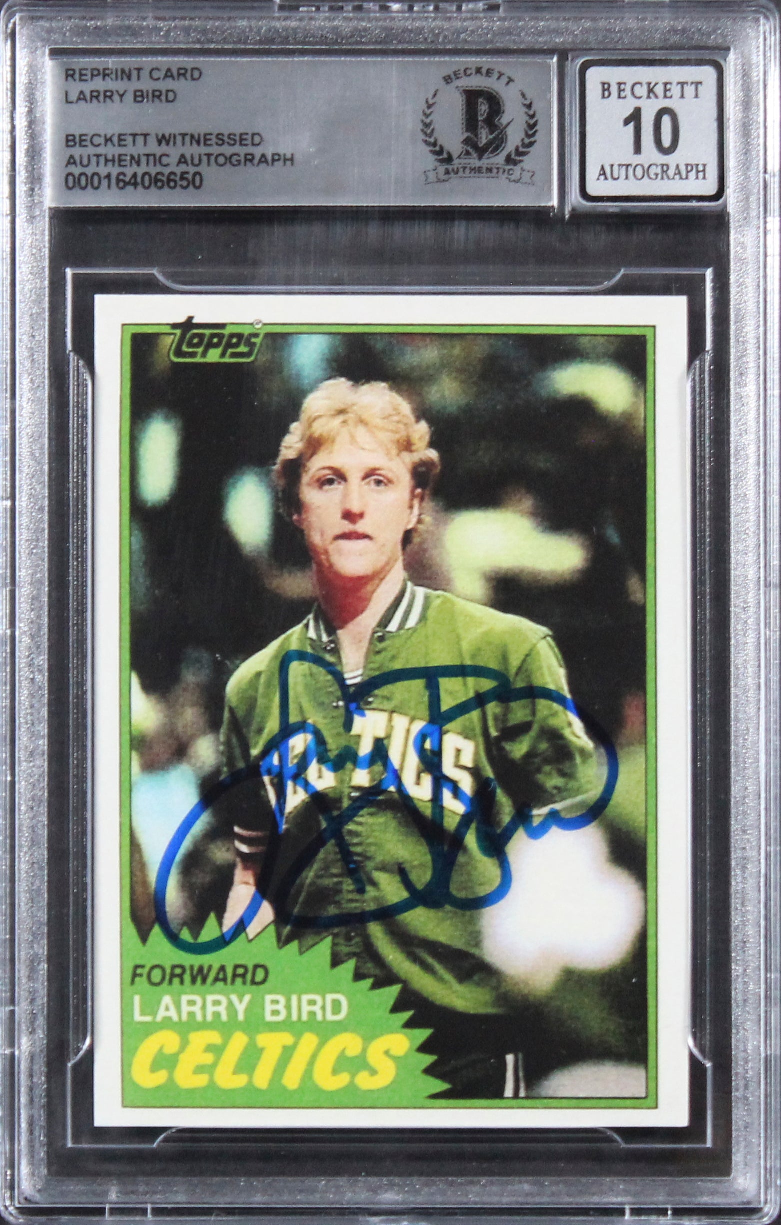 Celtics Larry Bird Signed 1981 Topps #4 Reprint Card Auto 10! BAS Slabbed