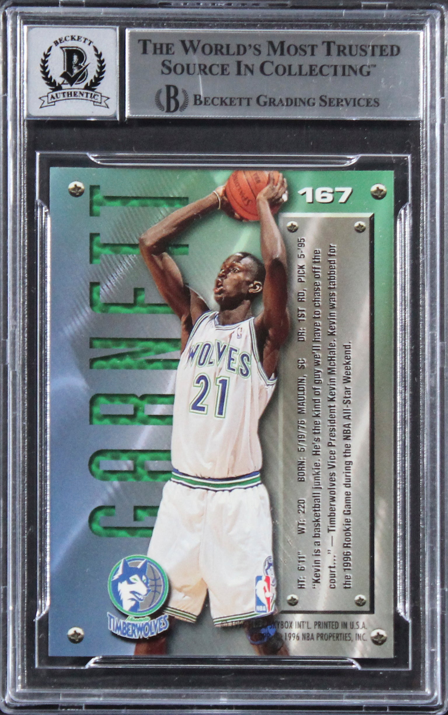 Timberwolves Kevin Garnett Signed 1995 Metal #167 RC Card Auto 10! BAS Slabbed