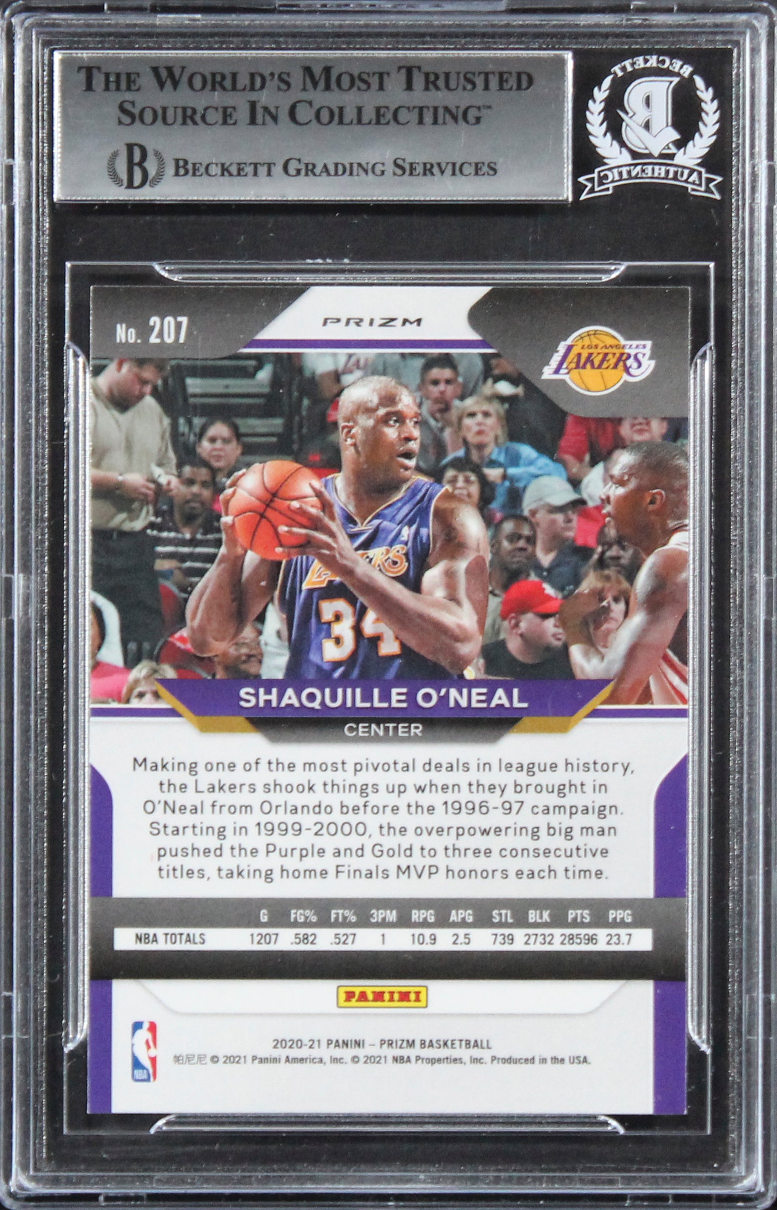 Lakers Shaquille O'Neal Signed 2020 Panini Prizm Prizms Hyper #207 Card BAS Slab