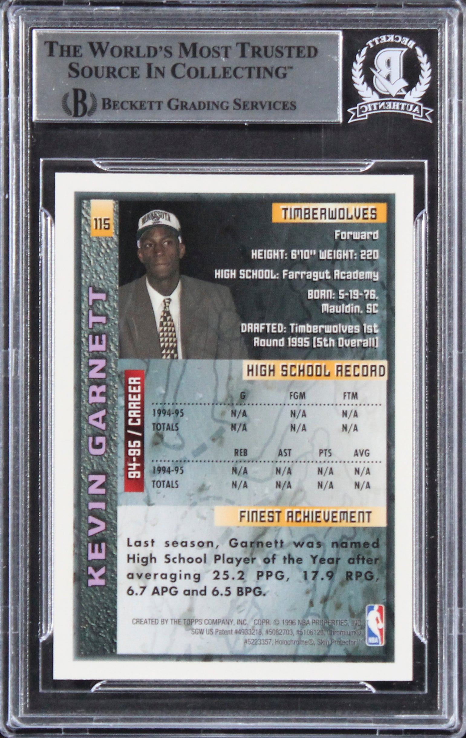 Timberwolves Kevin Garnett "HOF 2020" Signed 1995 Finest #115 RC Card BAS Slab