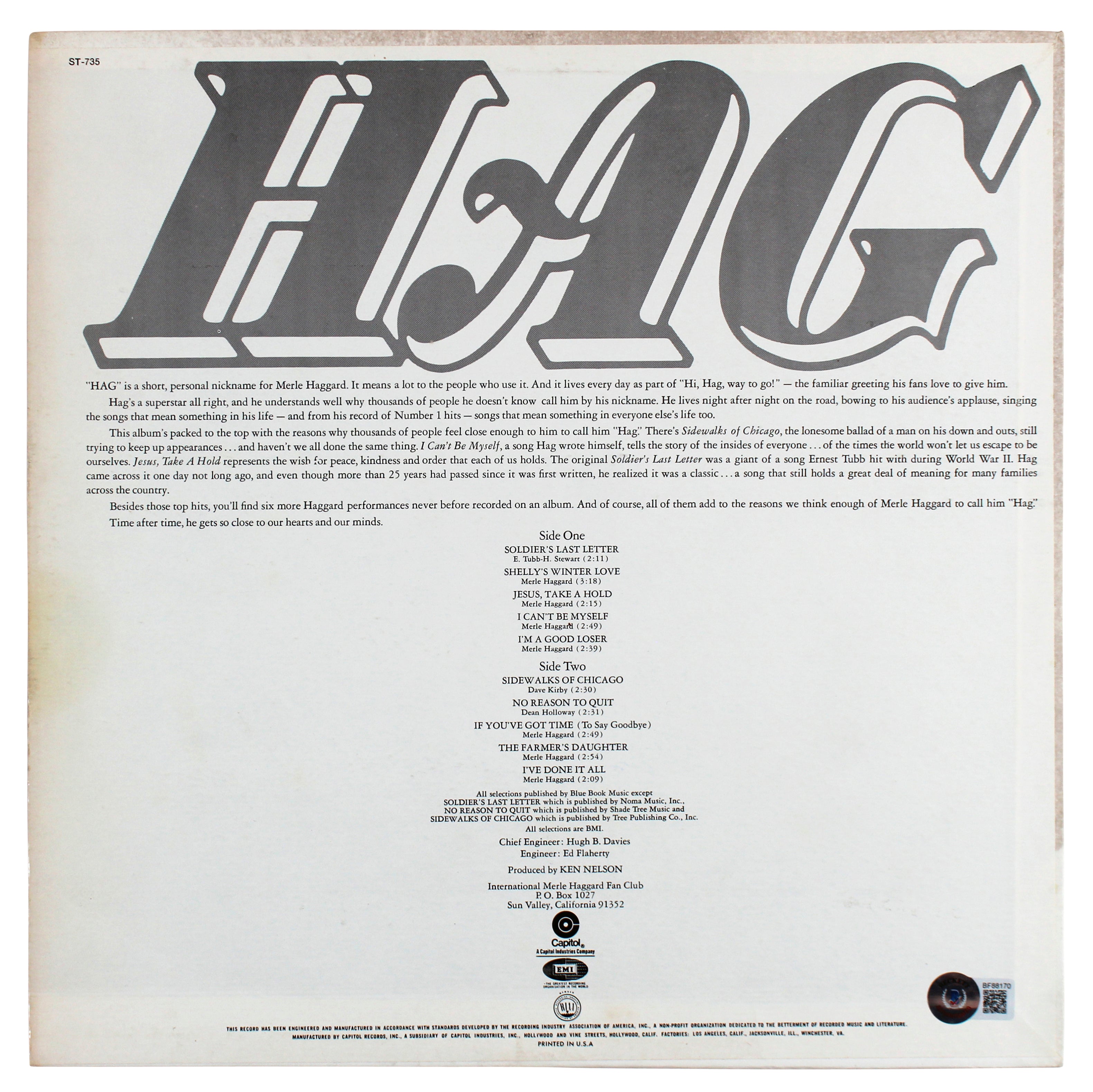 Merle Haggard Authentic Signed HAG Album Cover Autographed BAS #BF88170