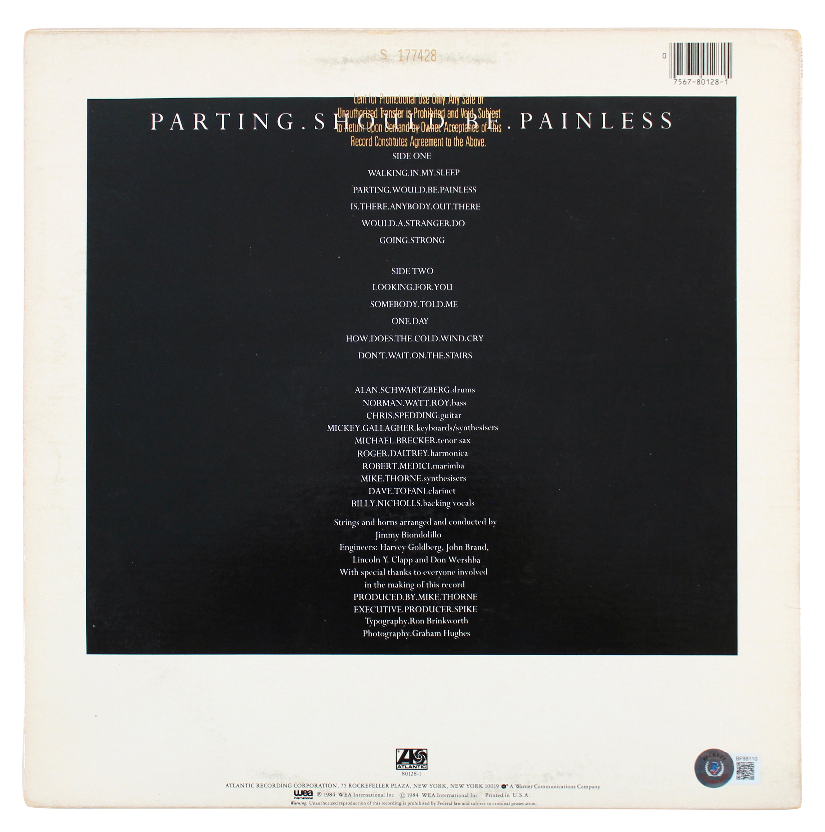 Roger Daltry Signed Parting Should Be Painless Album Cover BAS #BF88110