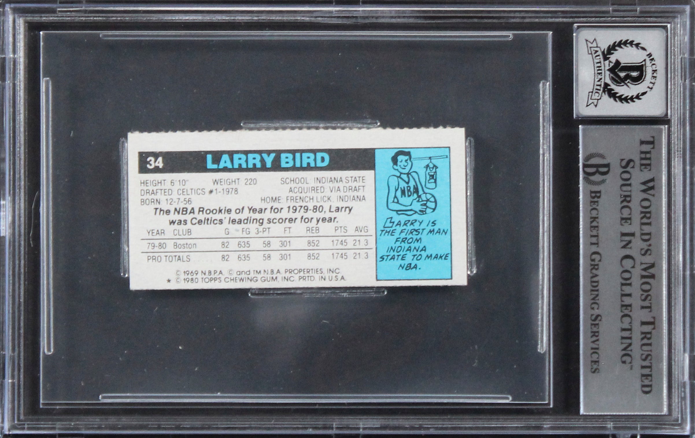 Celtics Larry Bird Signed 1980 Topps Singles #34 Card Auto Gem 10! BAS Slabbed