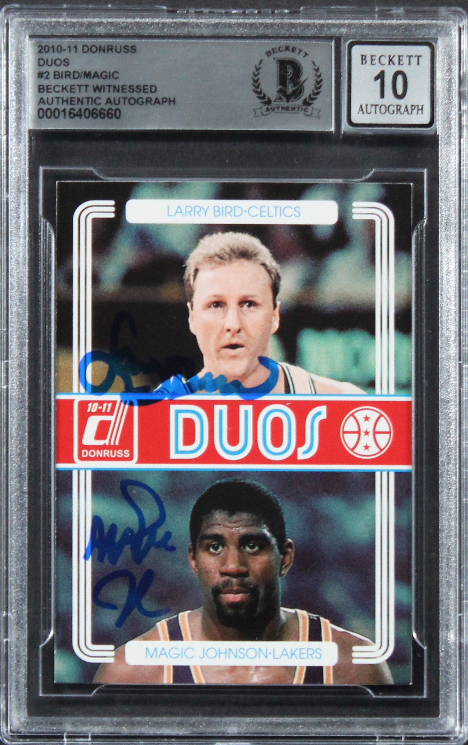 Larry Bird & Magic Johnson Signed 2010 Donruss Duos #2 Card Auto 10! BAS Slabbed