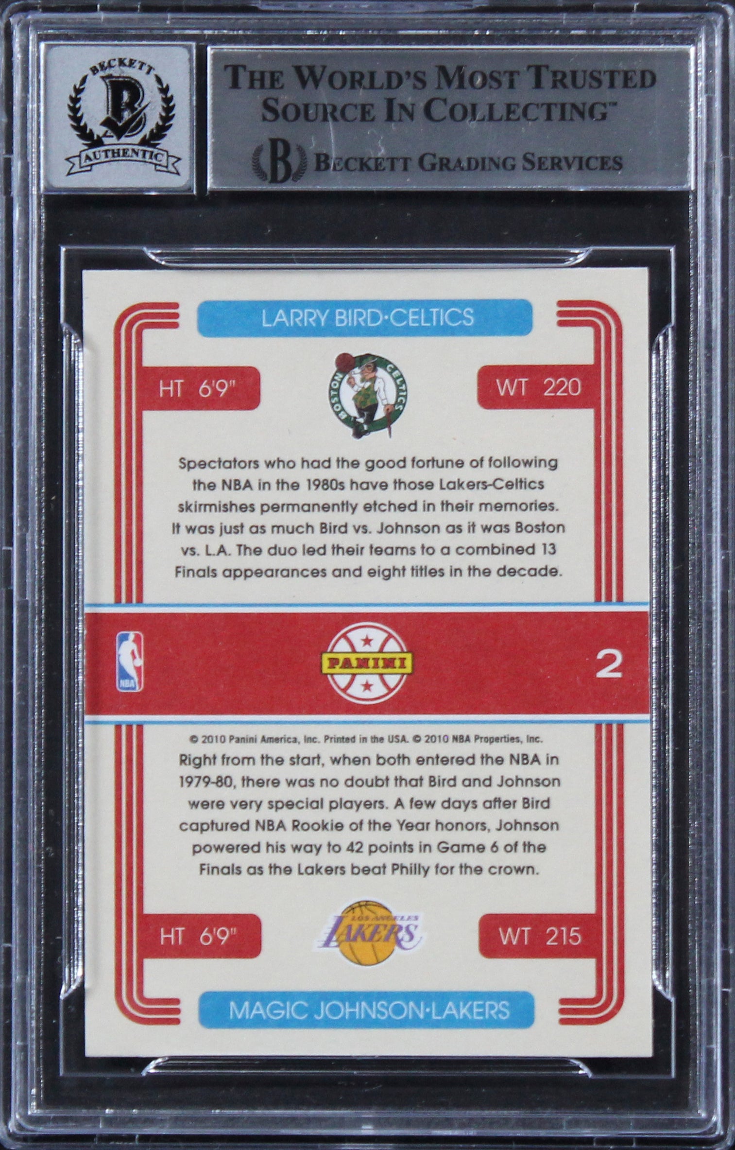 Larry Bird & Magic Johnson Signed 2010 Donruss Duos #2 Card Auto 10! BAS Slabbed