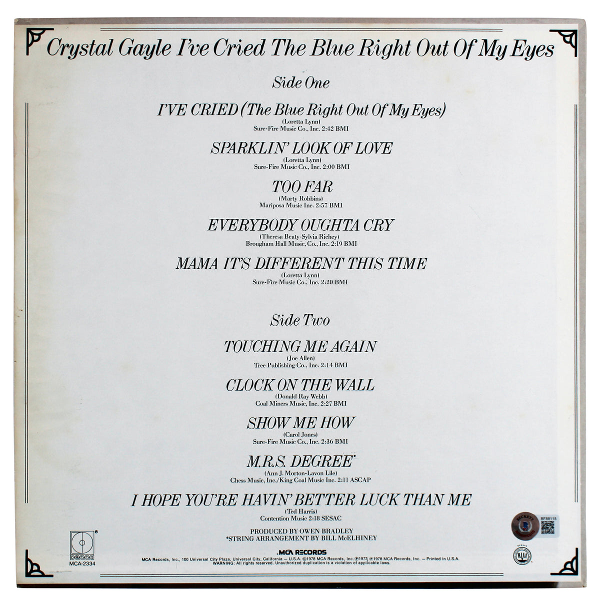 Crystal Gayle Signed I've Cried The Blue Right Out Of My Eyes Album Cover BAS