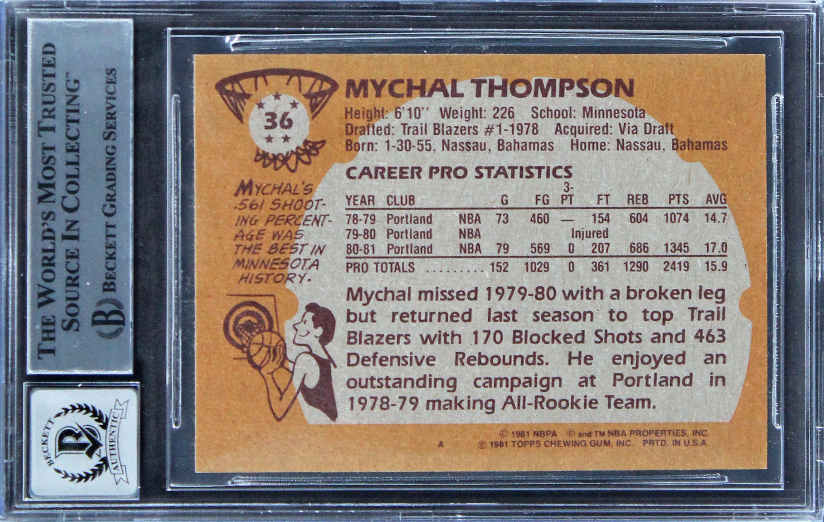 Blazers Mychal Thompson 1978 #1 Pick Signed 1981 Topps #36 Card Auto 10 BAS Slab