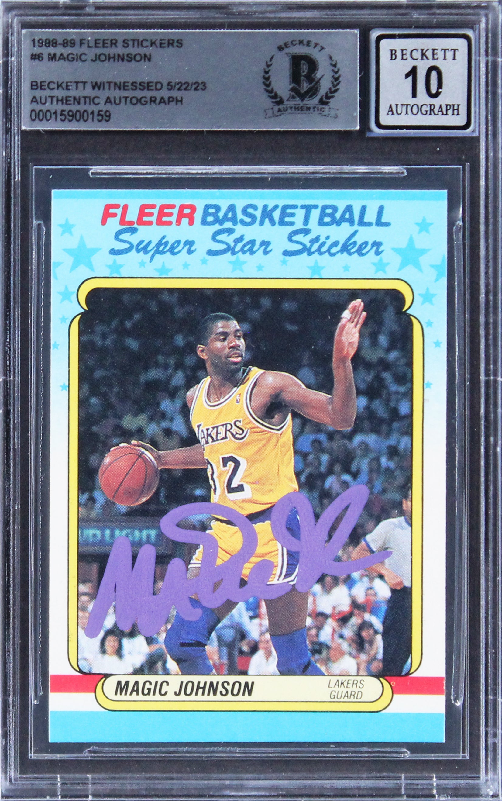 Lakers Magic Johnson Signed 1988 Fleer Stickers #6 Card Auto 10! BAS Slabbed