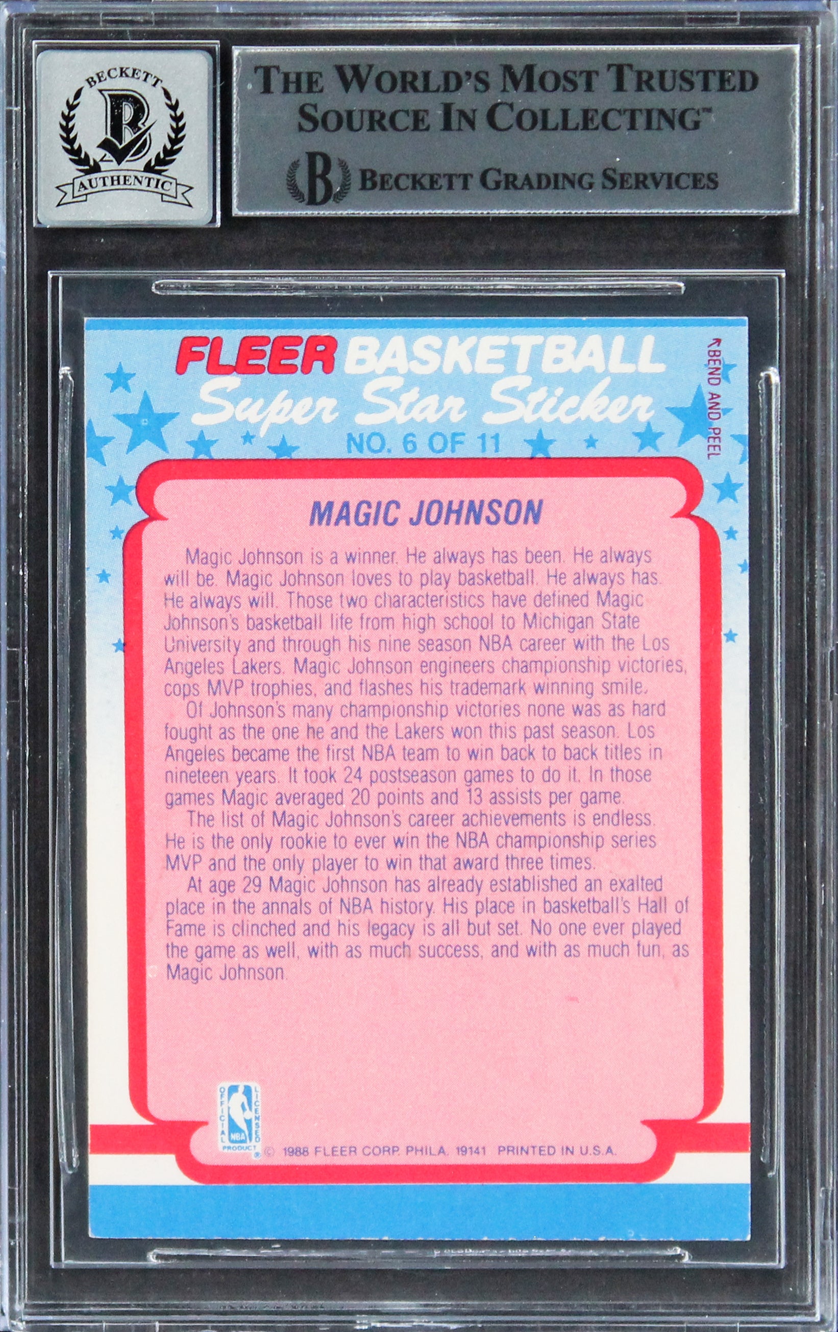 Lakers Magic Johnson Signed 1988 Fleer Stickers #6 Card Auto 10! BAS Slabbed