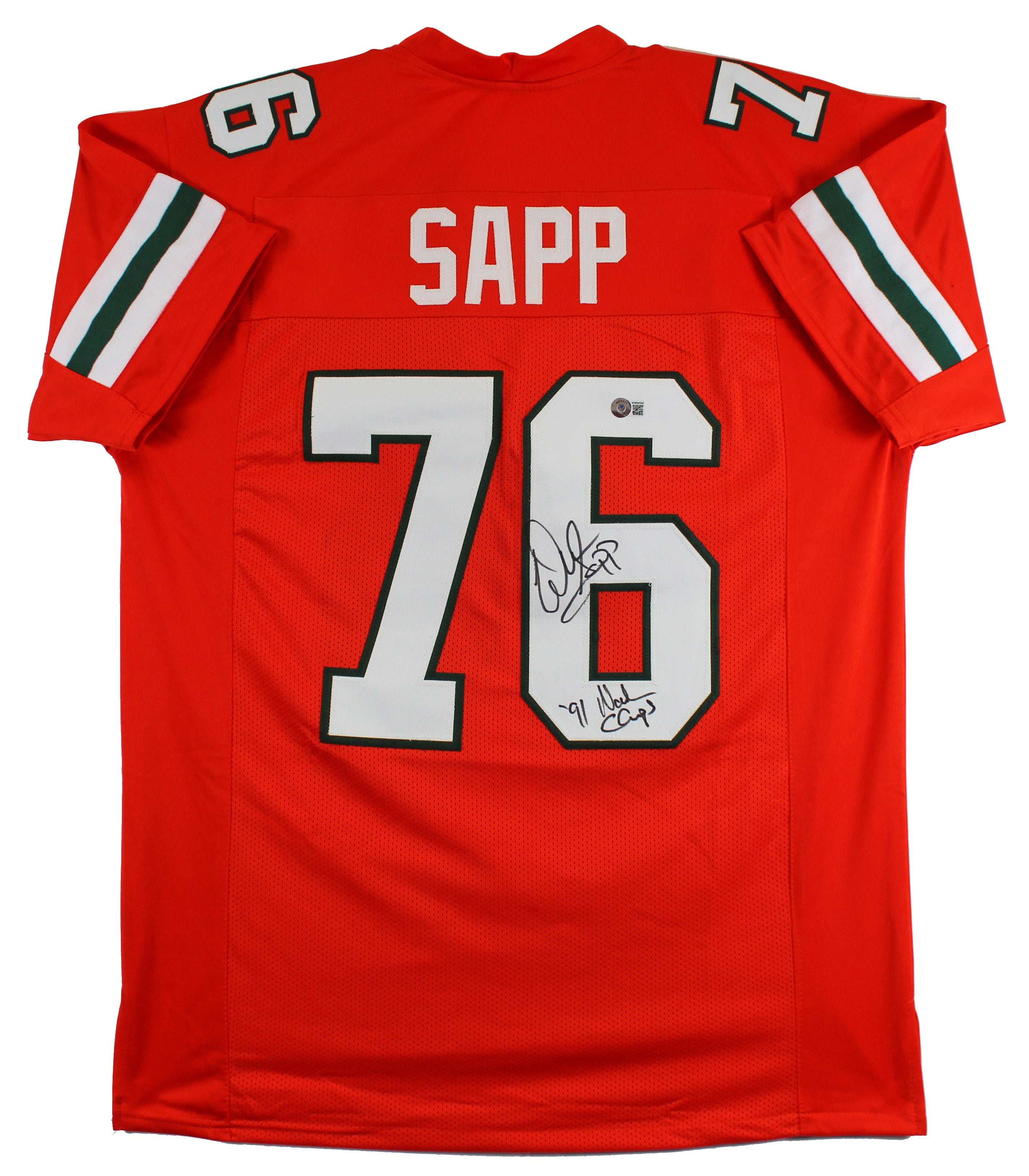 Miami Warren Sapp 1991 Ntnl Champs Signed Orange Pro Style Jersey BAS Witnessed