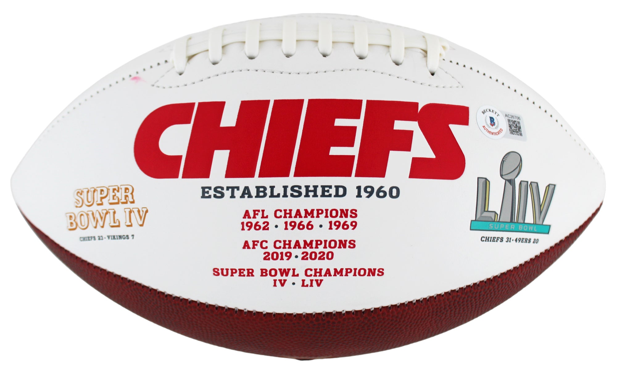 Chiefs Patrick Mahomes Authentic Signed White Panel Logo Football BAS #AC26706