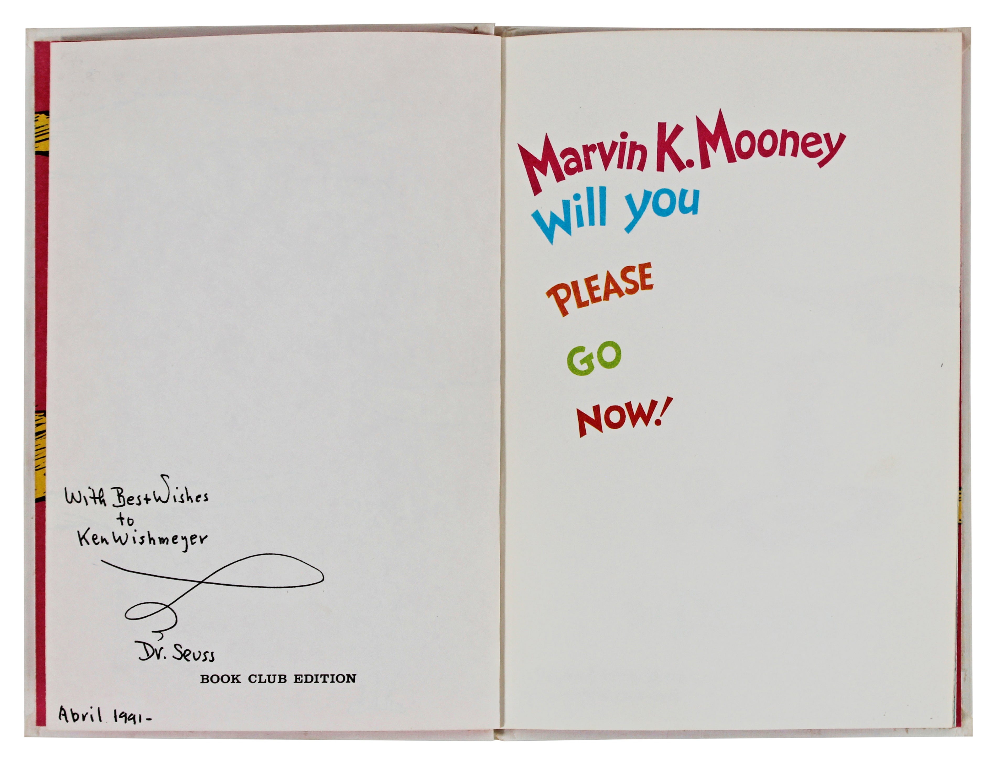 Dr. Seuss Authentic Signed Marvin K. Mooney Hard Cover Book BAS #AC26714