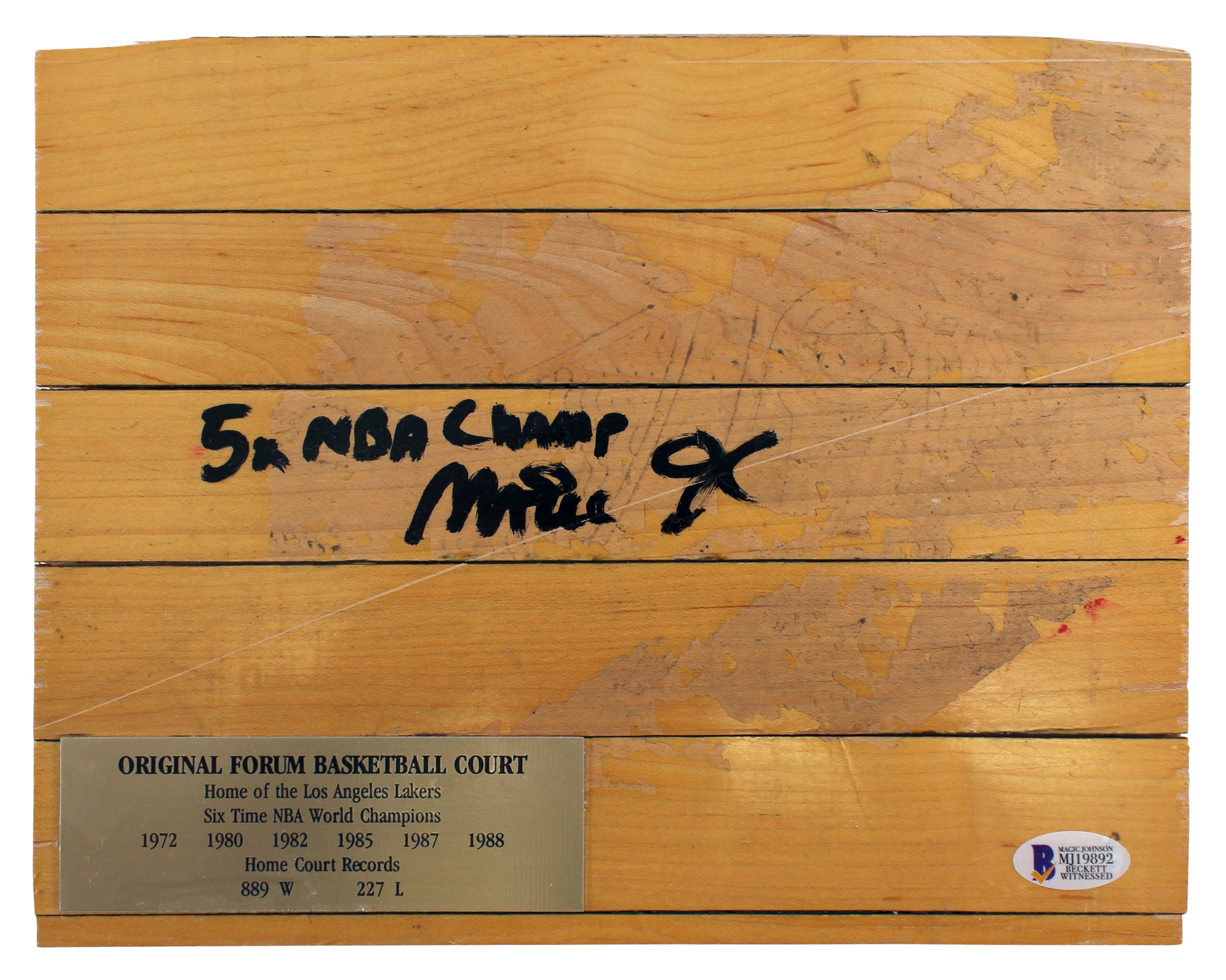 Lakers Magic Johnson "5x NBA Champ" Signed 8x10 Forum Floorboard BAS Witnessed